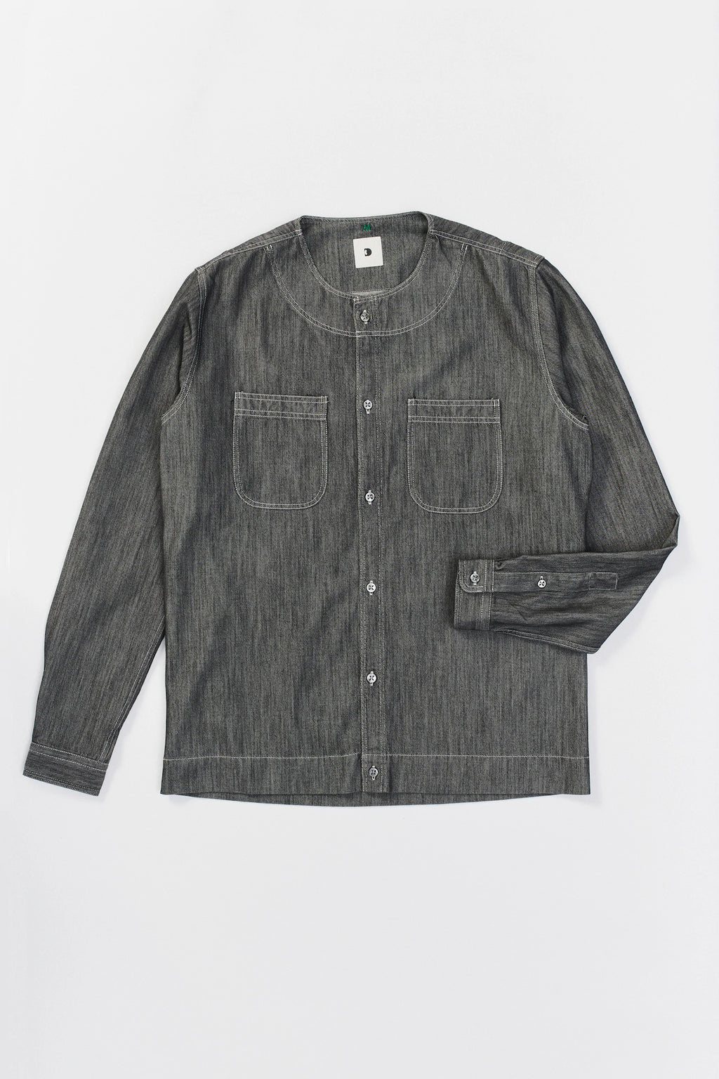 Collarless Carpenter Overshirt in a Washed Grey Indigo Italian Cotton Denim