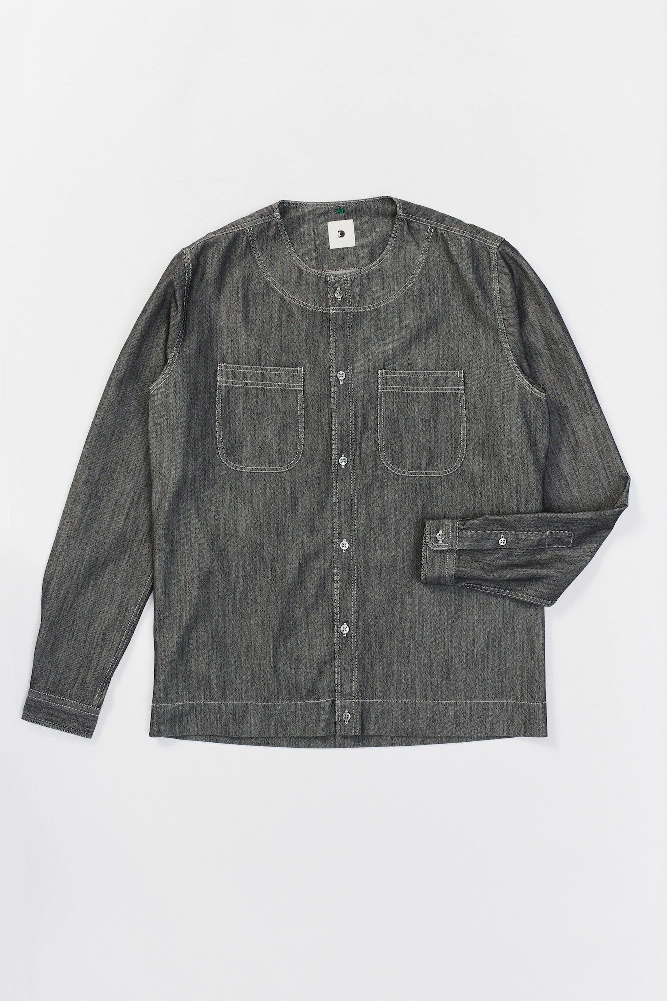 Collarless Carpenter Overshirt in a Washed Grey Indigo Italian Cotton Denim