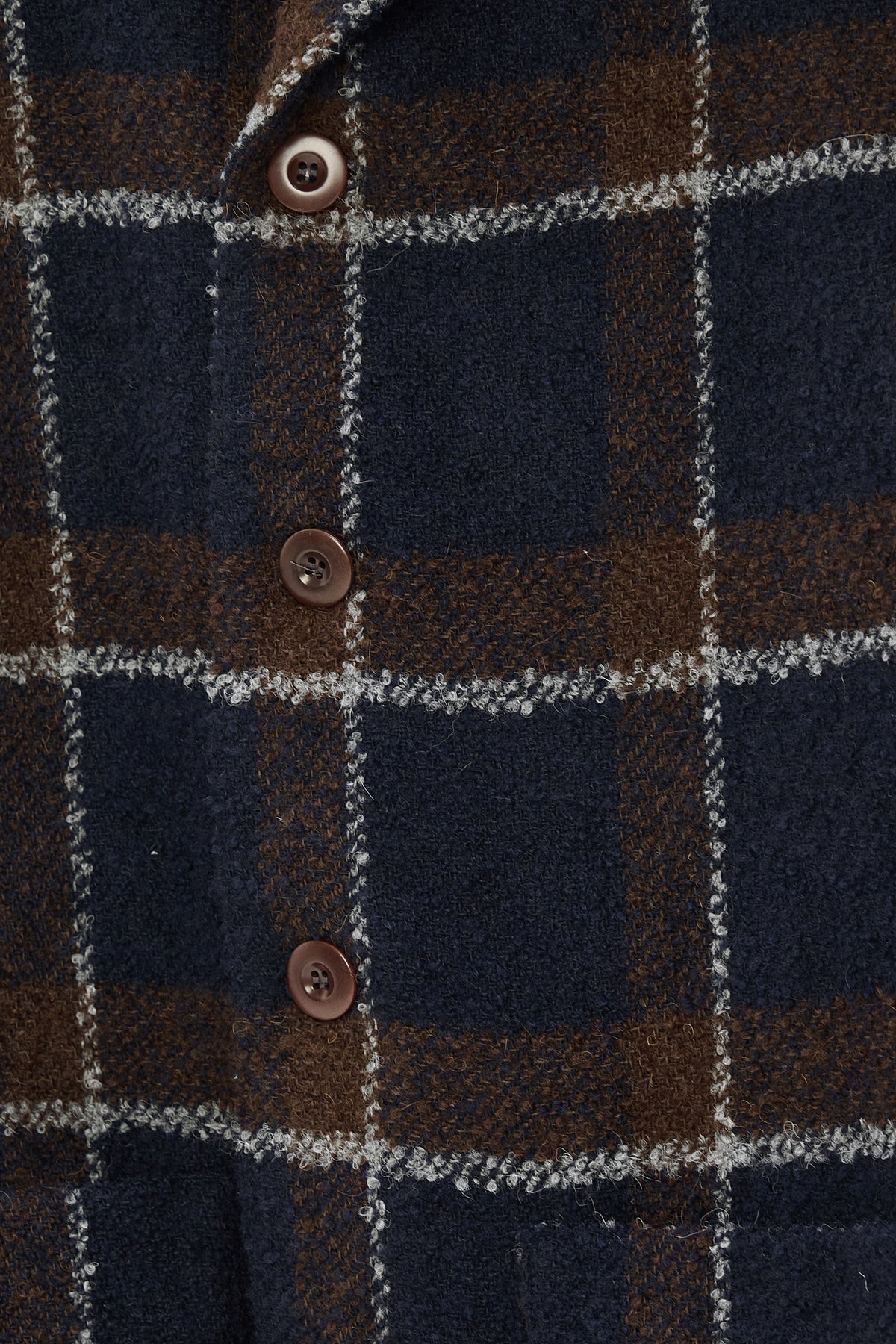 Jacket in a Brown and Navy Chequered Italian Virgin and Alpaca  Bouclé Wool and Meida Thermo Insulation