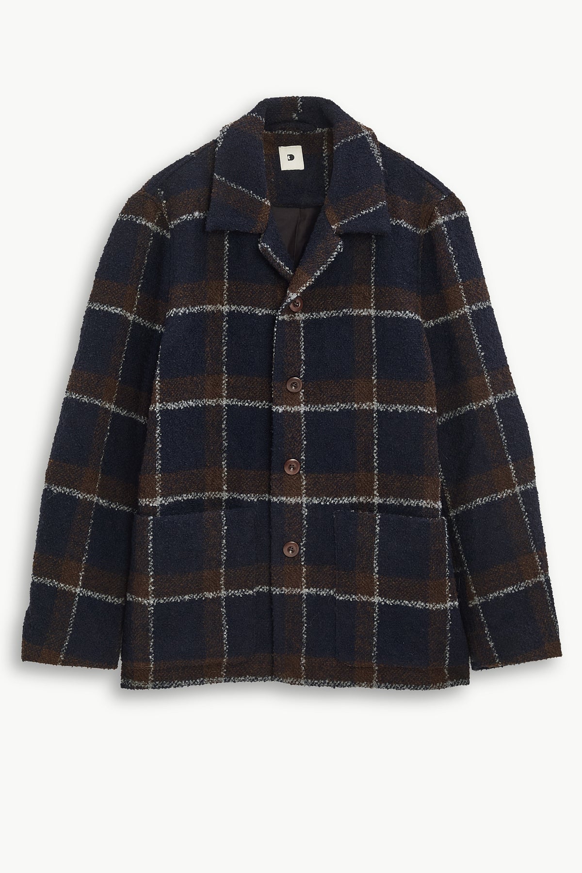 Jacket in a Brown and Navy Chequered Italian Virgin and Alpaca  Bouclé Wool and Meida Thermo Insulation