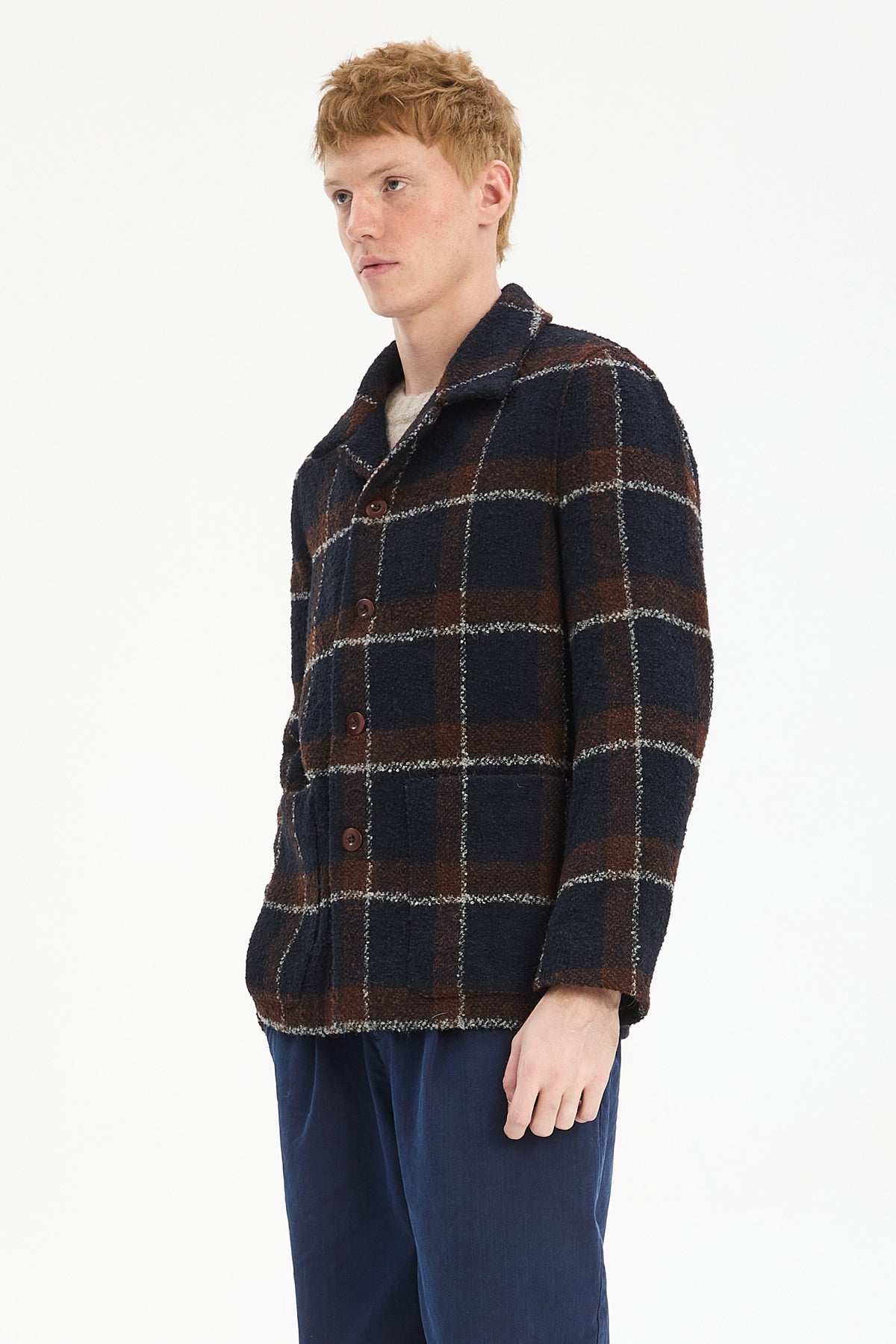 Jacket in a Brown and Navy Chequered Italian Virgin and Alpaca  Bouclé Wool and Meida Thermo Insulation