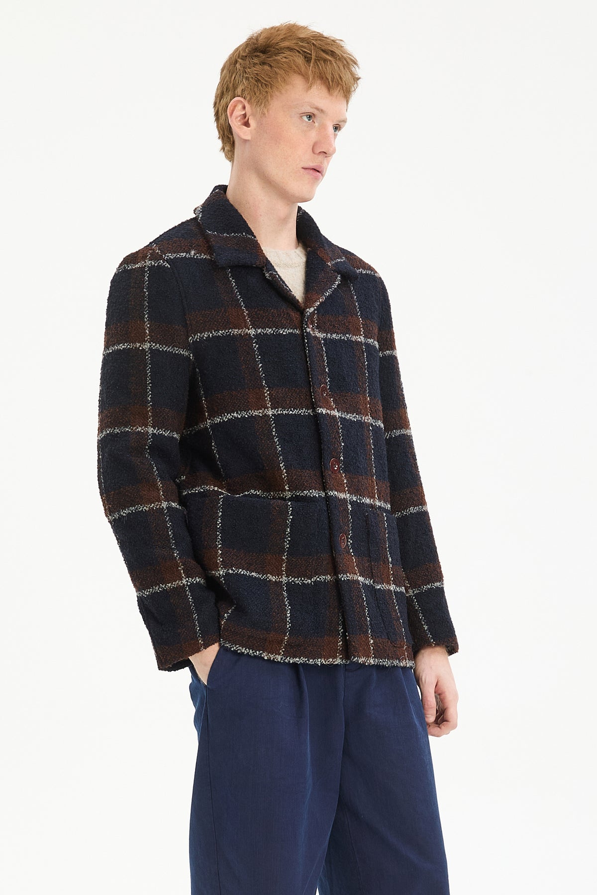 Jacket in a Brown and Navy Chequered Italian Virgin and Alpaca  Bouclé Wool and Meida Thermo Insulation
