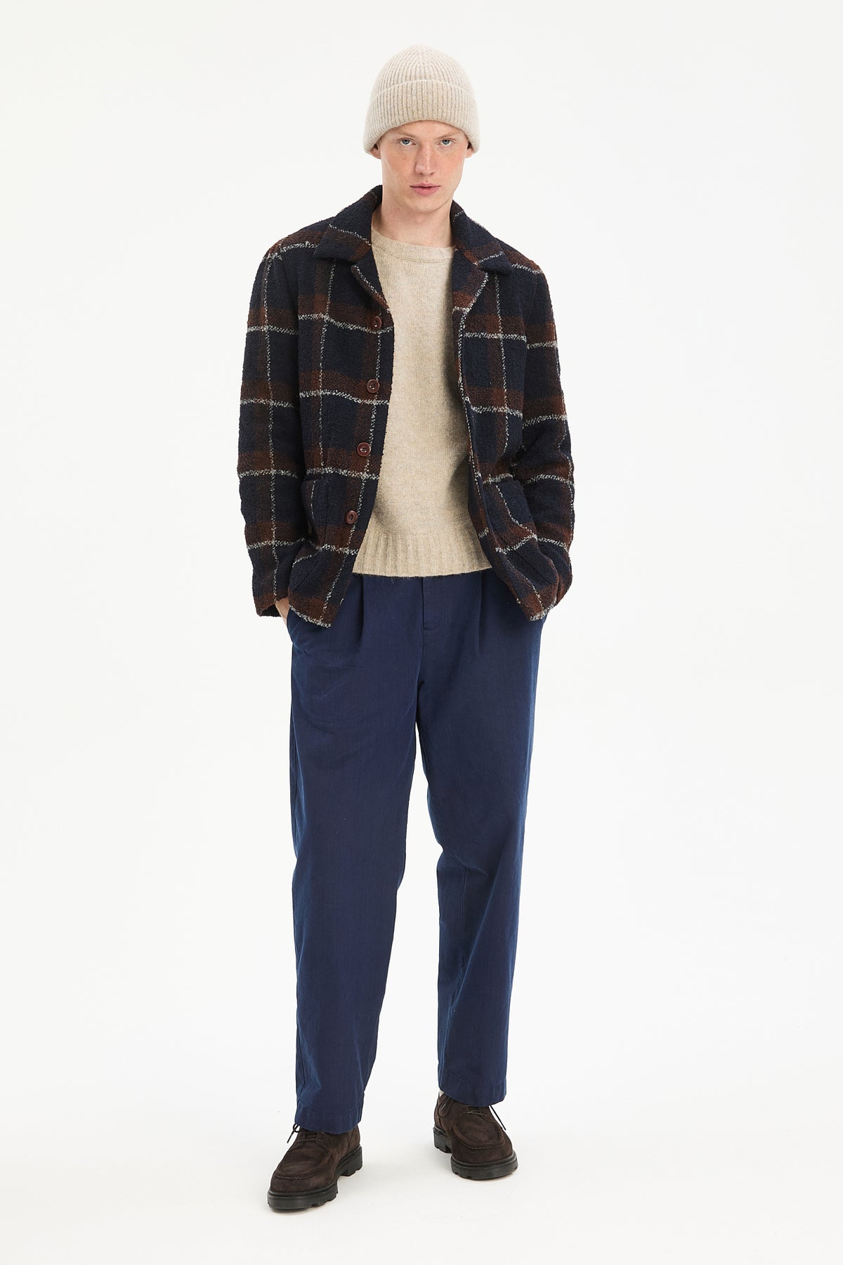 Jacket in a Brown and Navy Chequered Italian Virgin and Alpaca  Bouclé Wool and Meida Thermo Insulation