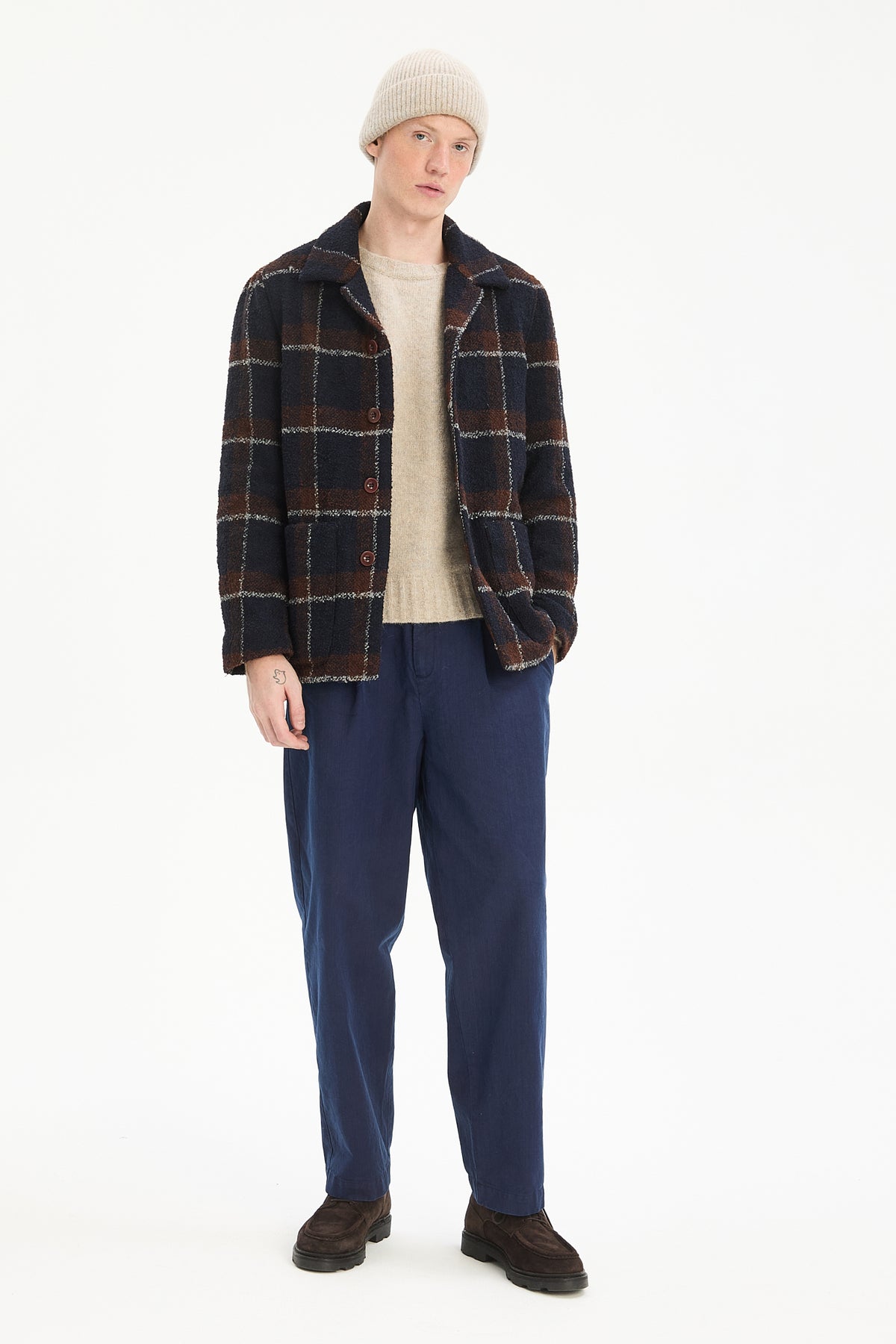 Jacket in a Brown and Navy Chequered Italian Virgin and Alpaca  Bouclé Wool and Meida Thermo Insulation