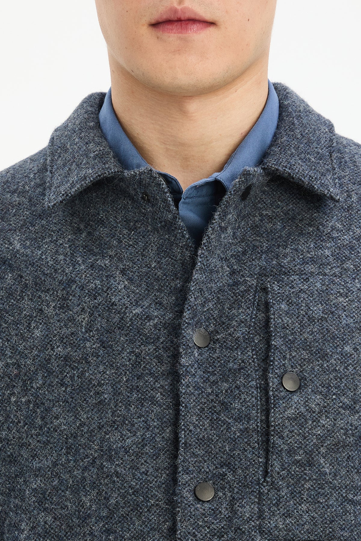 Snap Button Jacket in Navy Recycled Wool and Cotton with MEIDA
