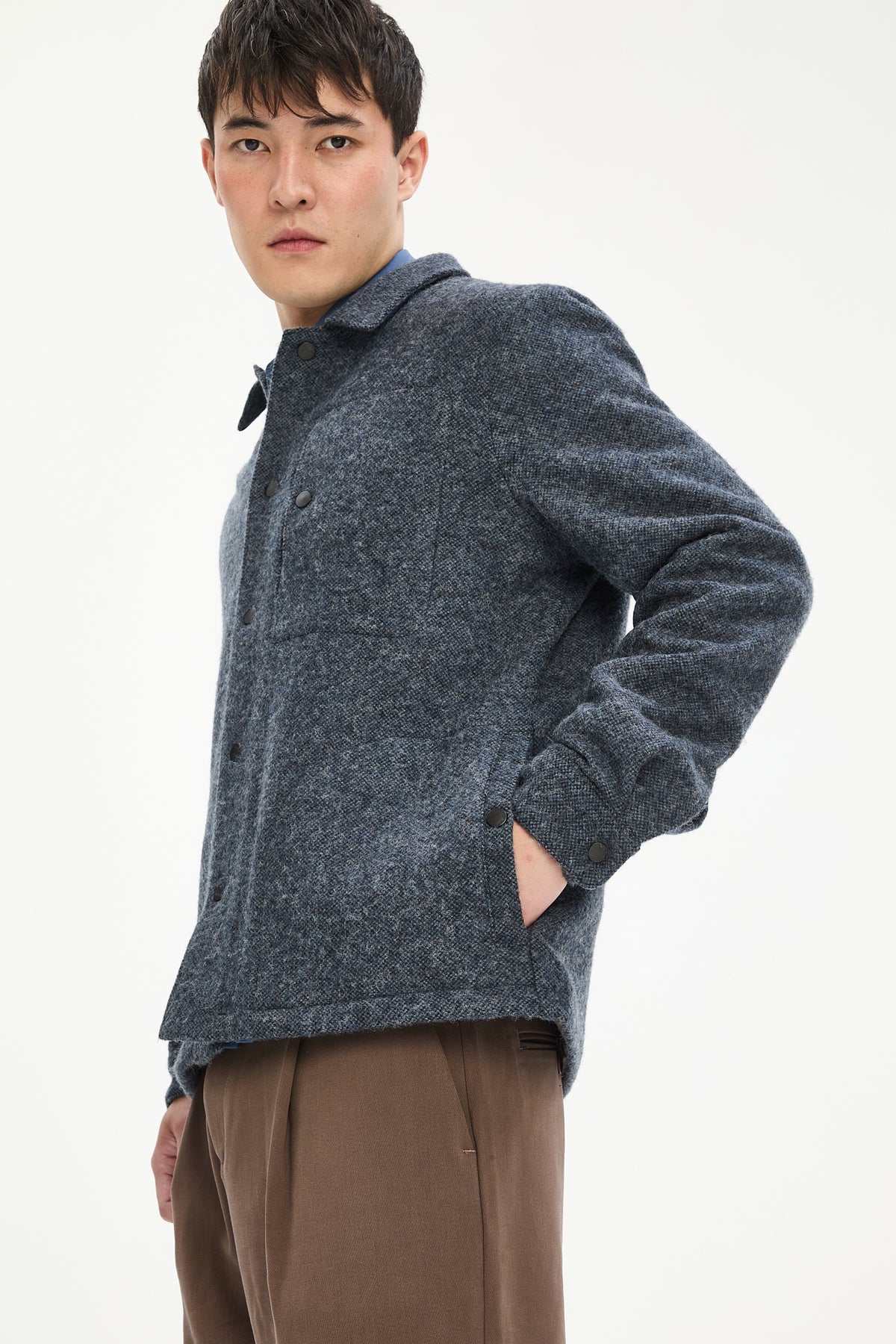 Snap Button Jacket in Navy Recycled Wool and Cotton with MEIDA