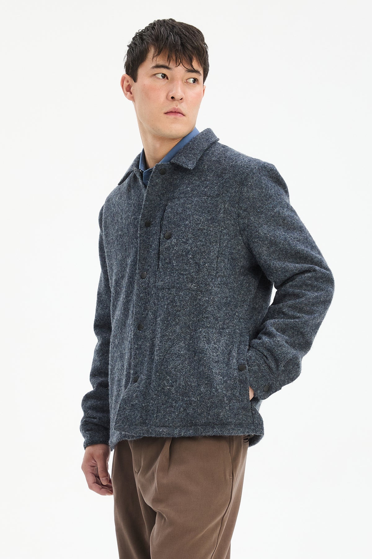 Snap Button Jacket in Navy Recycled Wool and Cotton with MEIDA