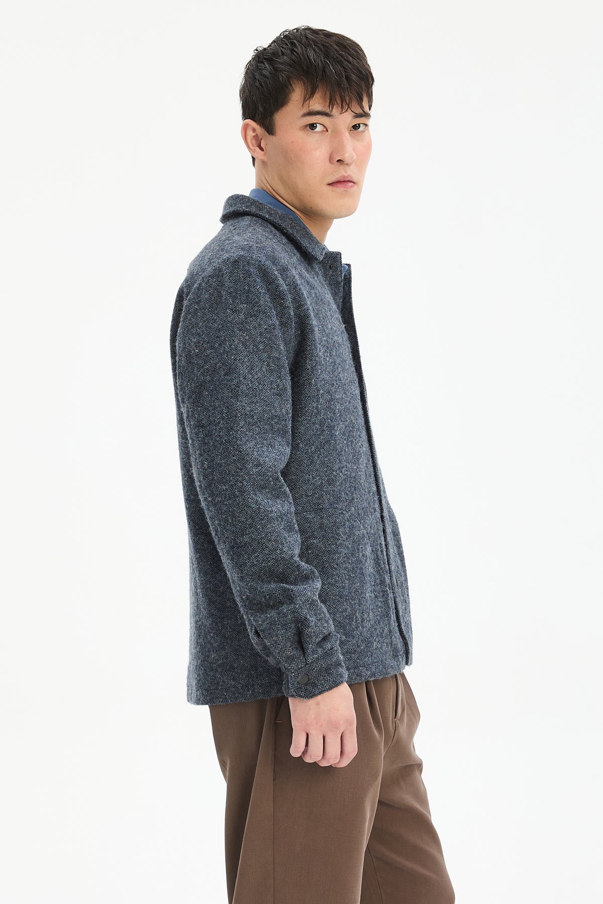 Snap Button Jacket in Navy Recycled Wool and Cotton with MEIDA