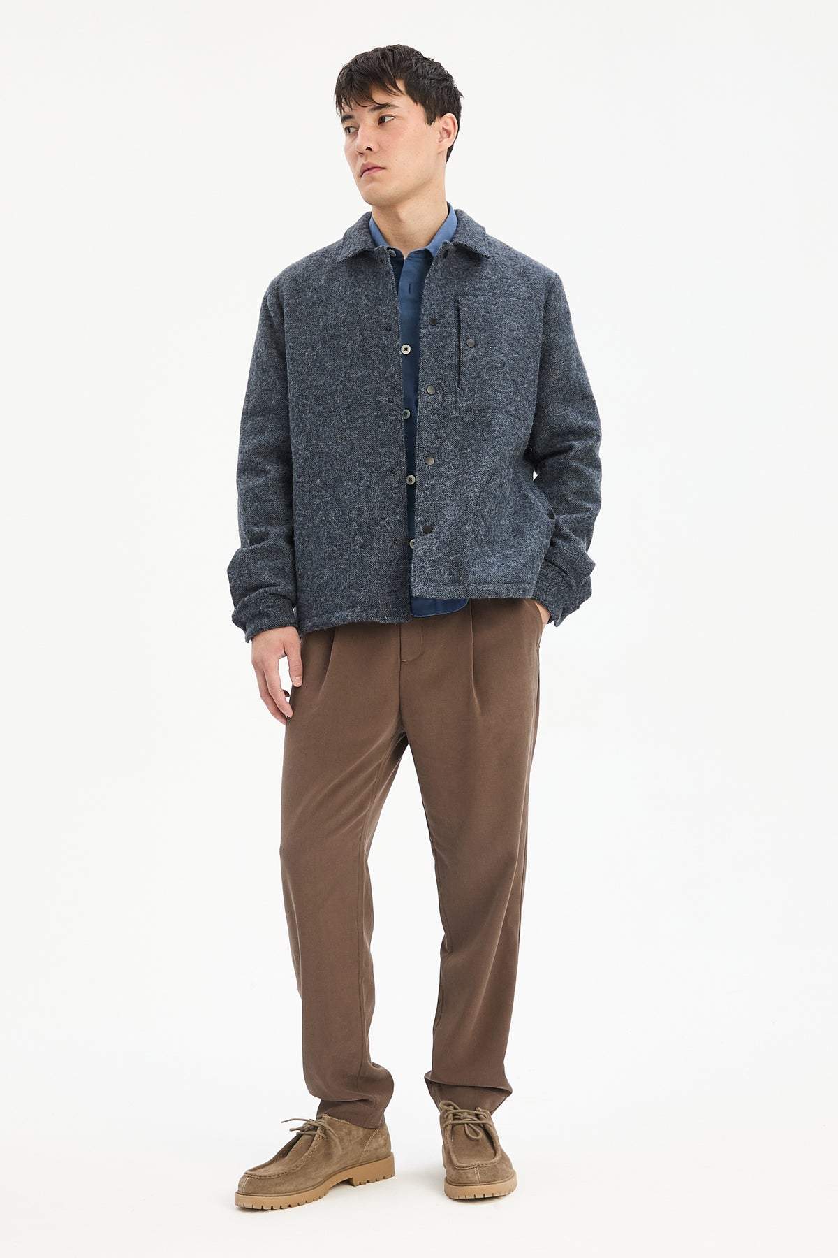 Snap Button Jacket in Navy Recycled Wool and Cotton with MEIDA