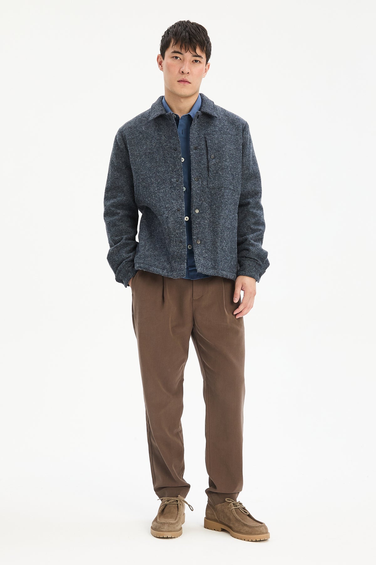 Snap Button Jacket in Navy Recycled Wool and Cotton with MEIDA