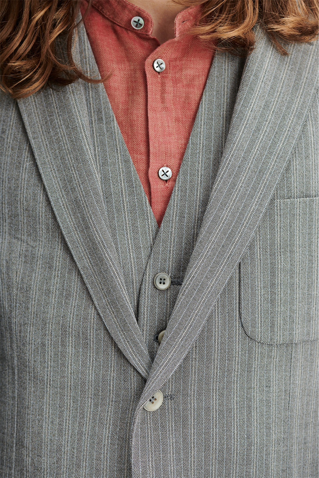 Vest in a Grey Herringbone and Subtle Blue Stripe Fine Italian Cotton Crepe by Bonotto