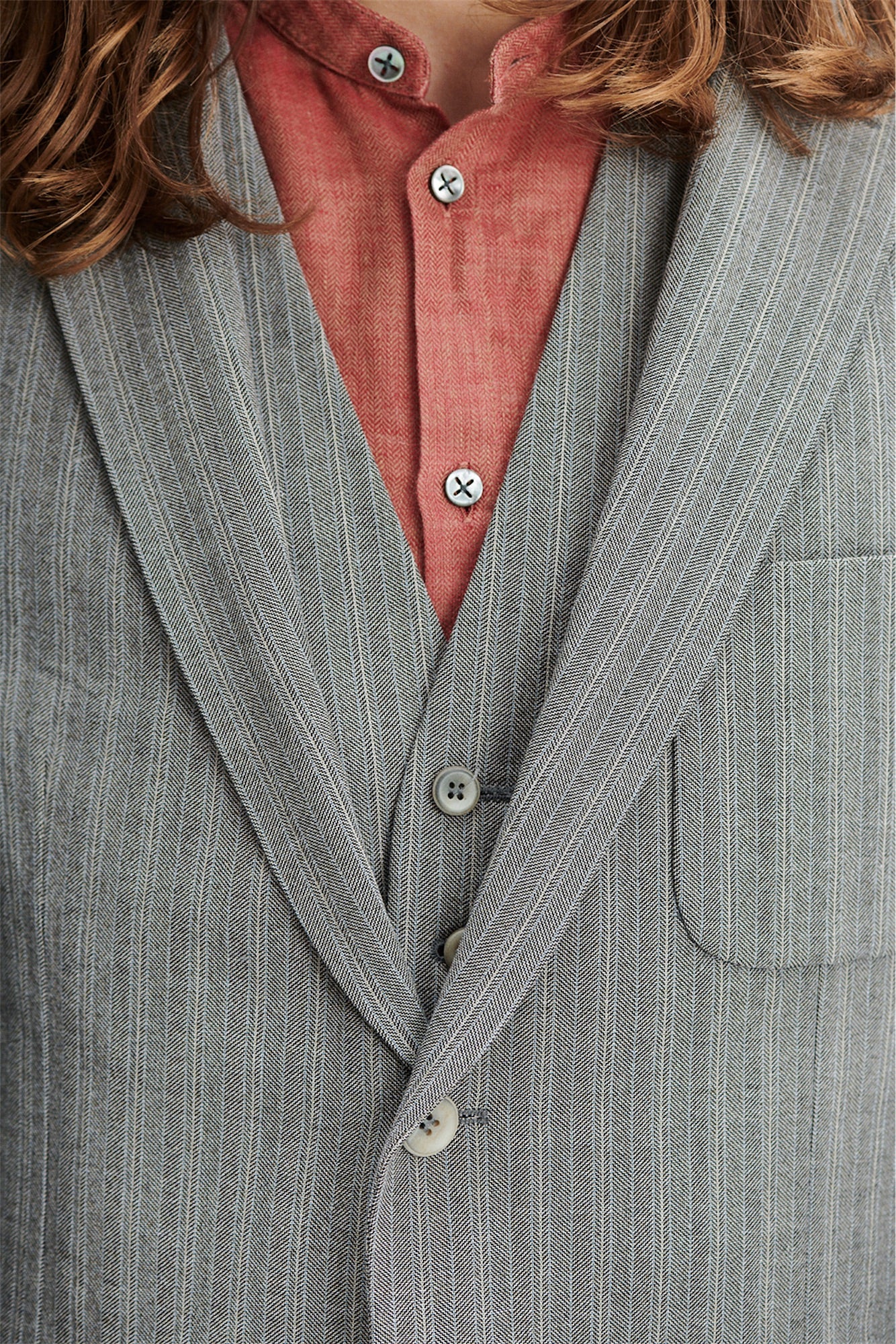 Vest in a Grey Herringbone and Subtle Blue Stripe Fine Italian Cotton Crepe by Bonotto