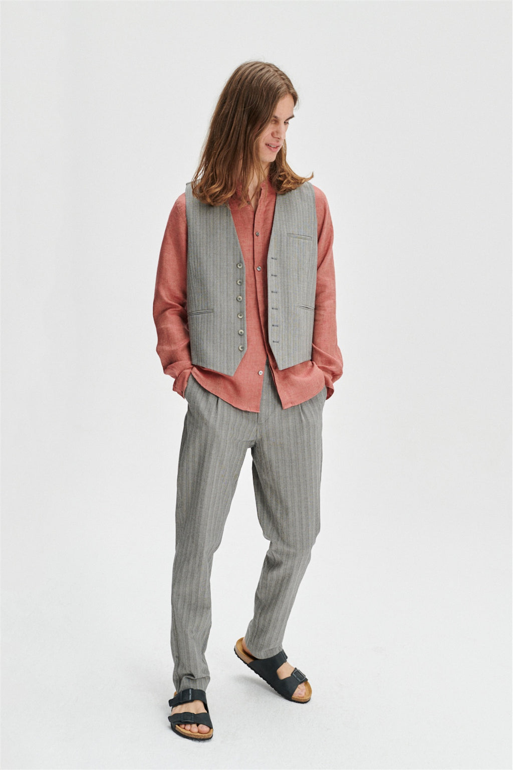 Vest in a Grey Herringbone and Subtle Blue Stripe Fine Italian Cotton Crepe by Bonotto
