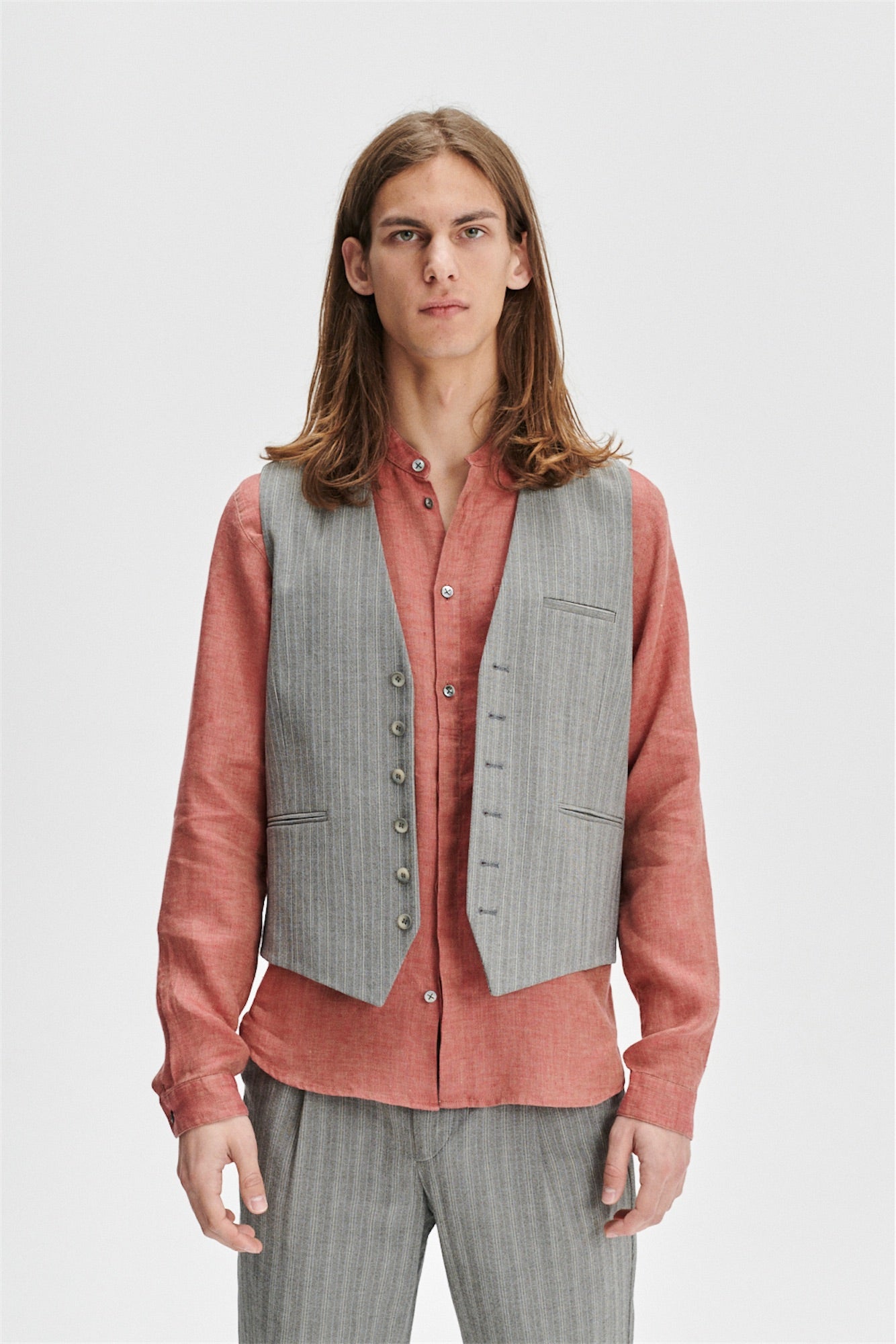 Vest in a Grey Herringbone and Subtle Blue Stripe Fine Italian Cotton Crepe by Bonotto