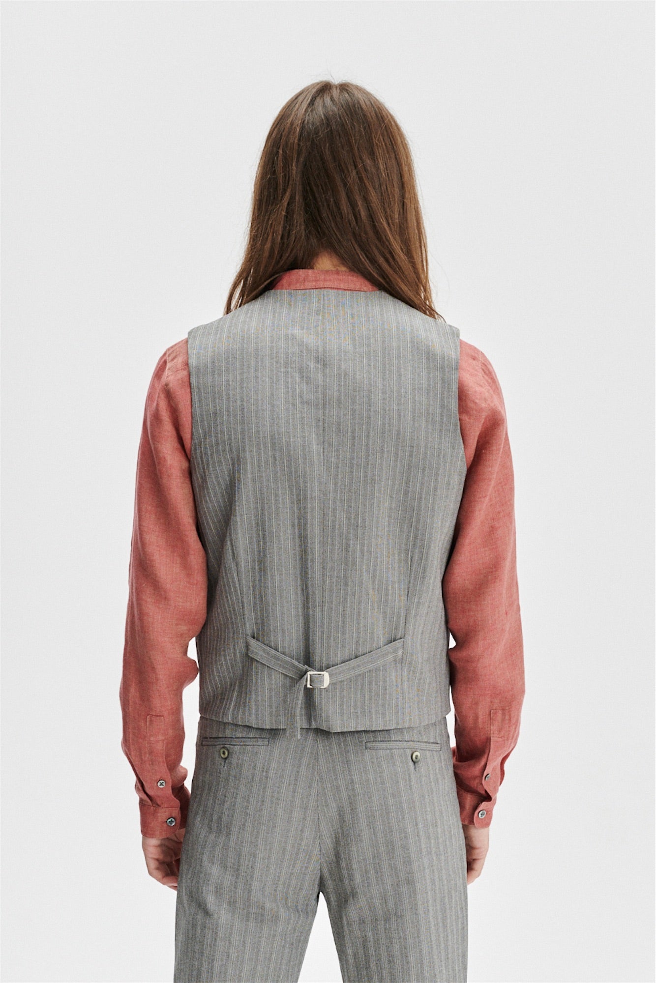Vest in a Grey Herringbone and Subtle Blue Stripe Fine Italian Cotton Crepe by Bonotto
