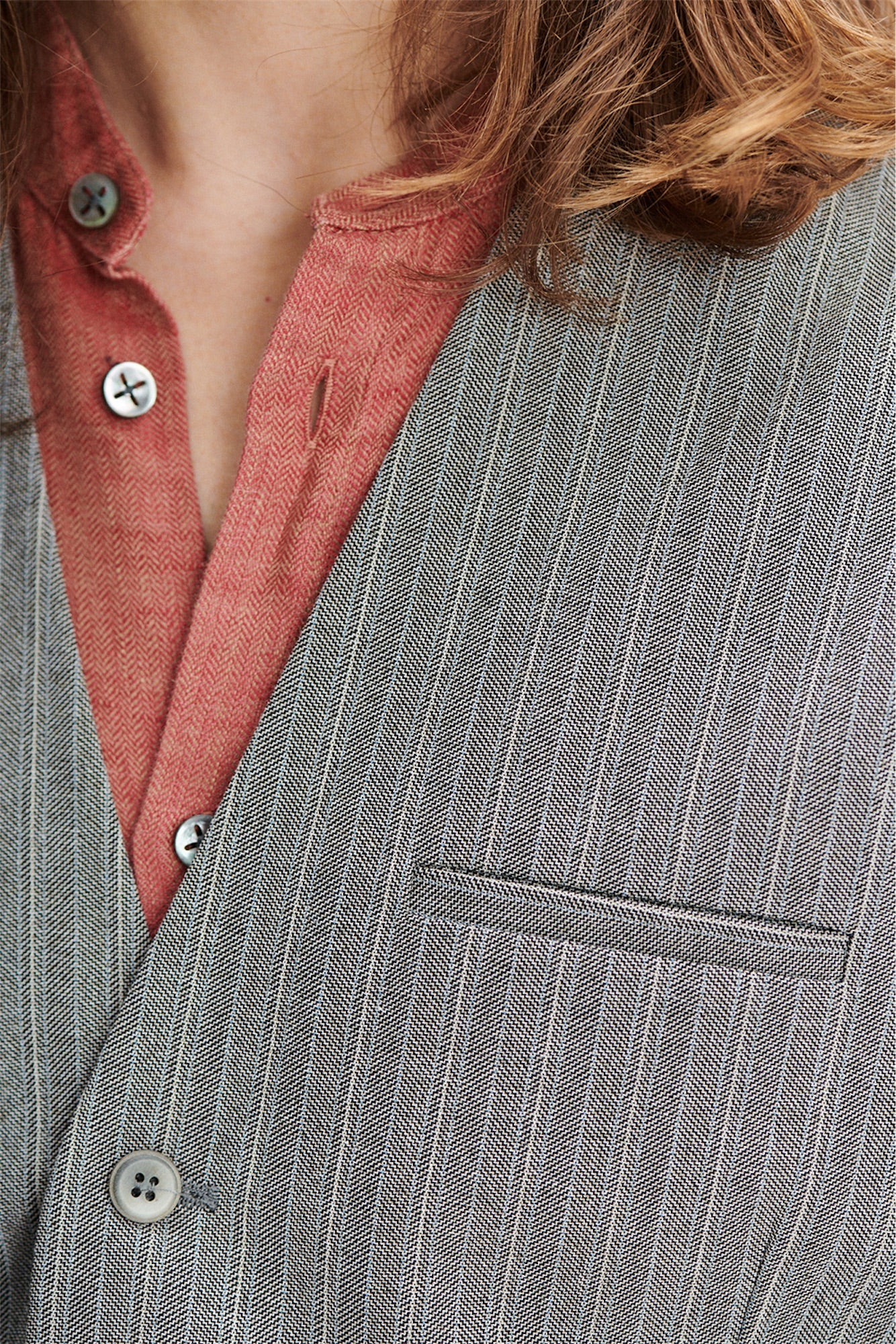 Vest in a Grey Herringbone and Subtle Blue Stripe Fine Italian Cotton Crepe by Bonotto