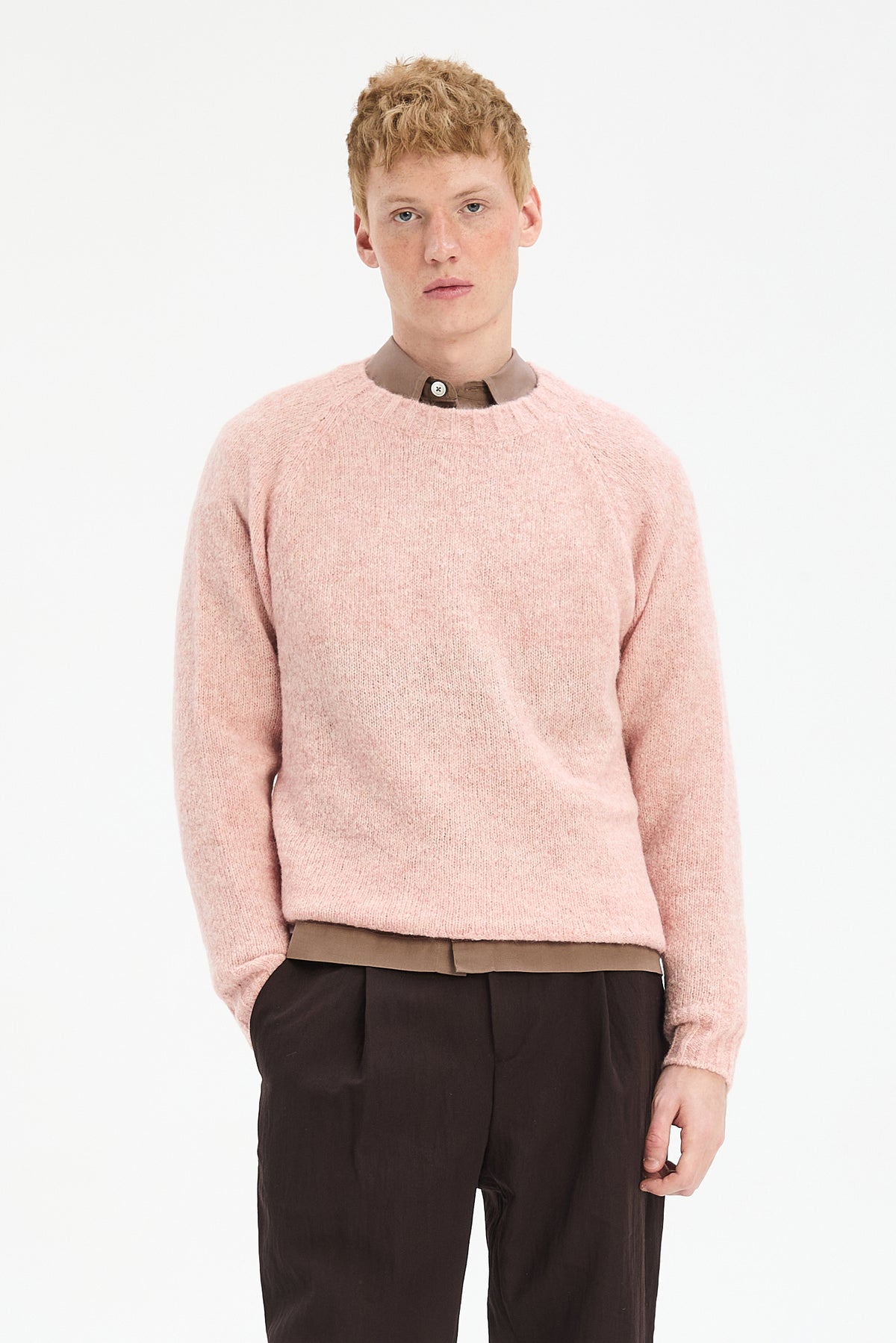Crewneck Sweater in a Pink Brushed Sustainable Alpaca Wool