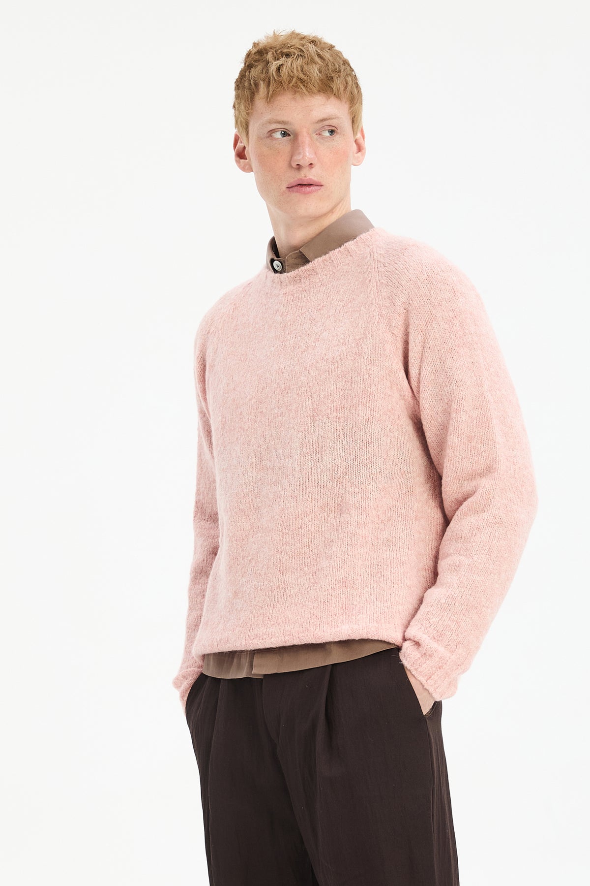 Crewneck Sweater in a Pink Brushed Sustainable Alpaca Wool