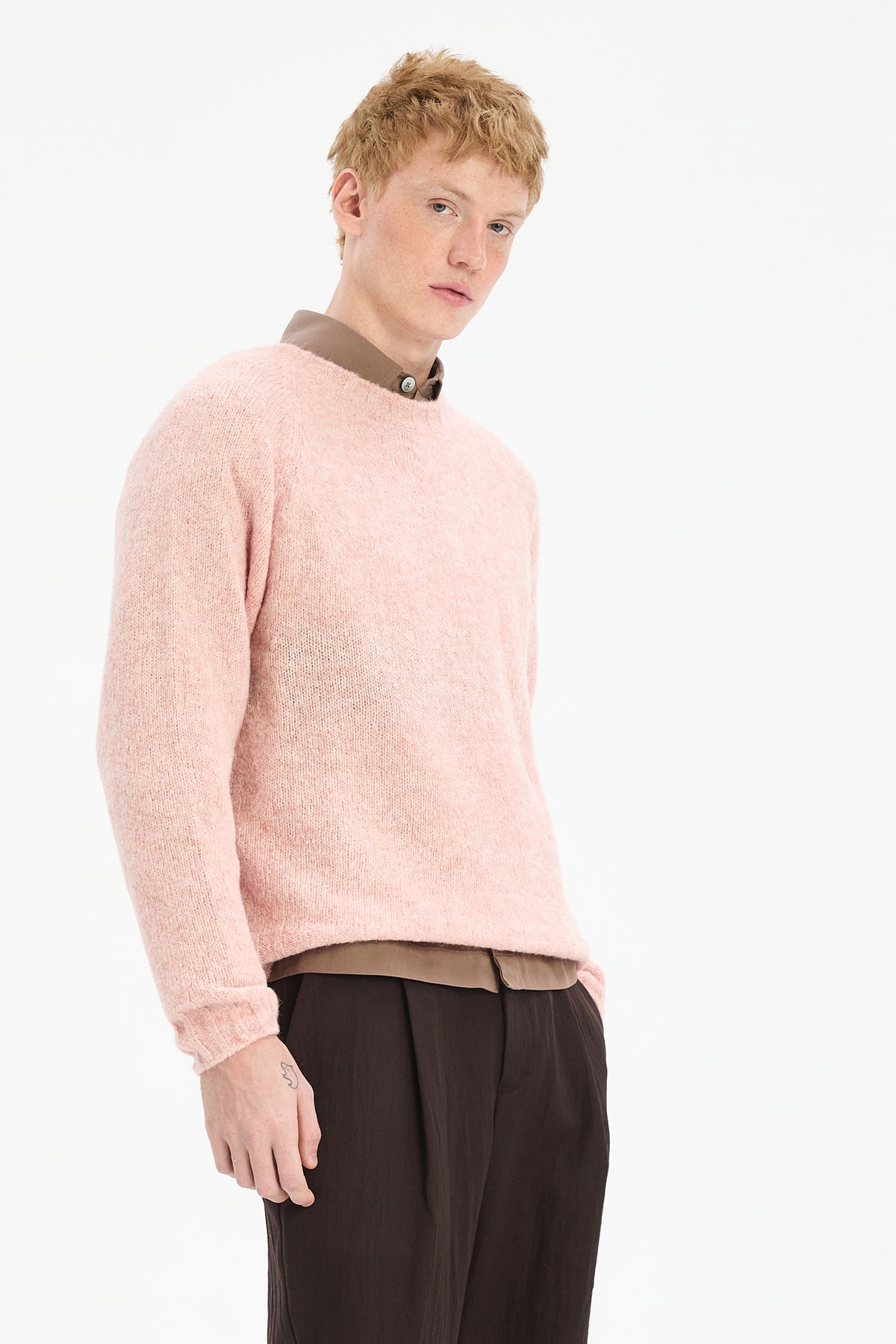 Crewneck Sweater in a Pink Brushed Sustainable Alpaca Wool