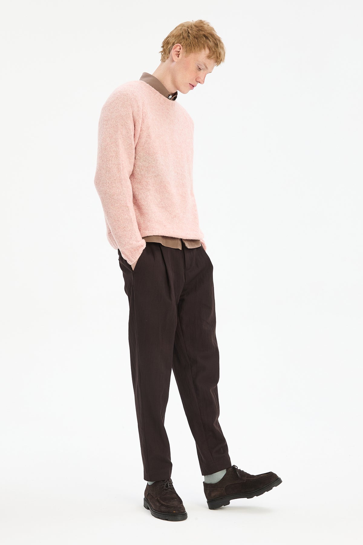 Crewneck Sweater in a Pink Brushed Sustainable Alpaca Wool