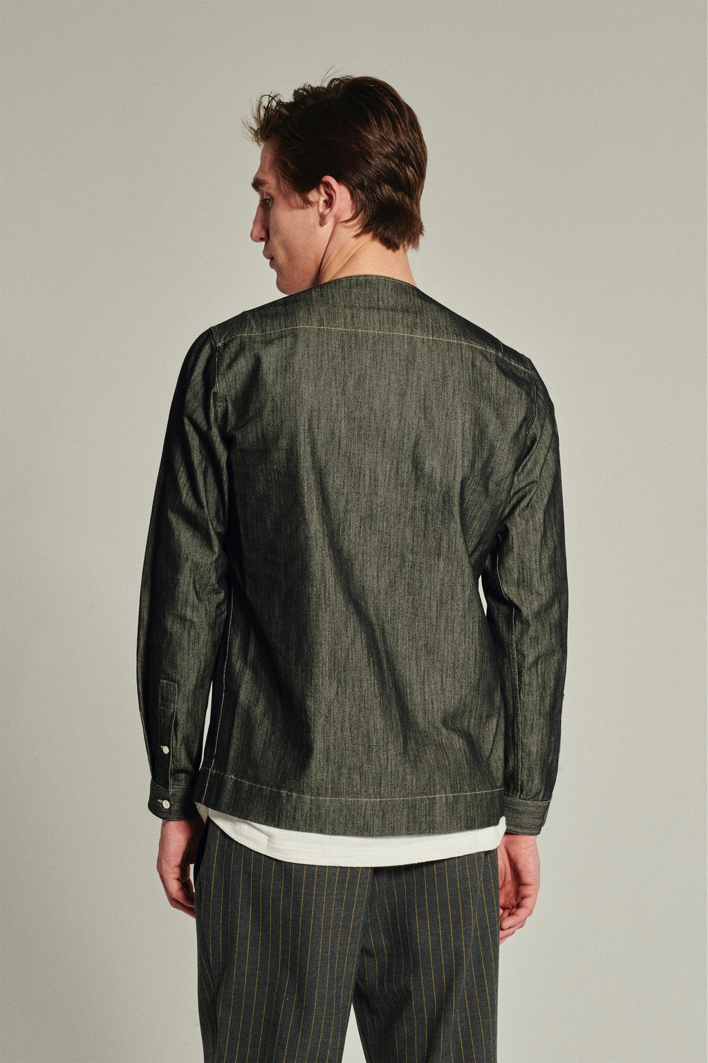 Collarless Carpenter Overshirt in a Washed Grey Indigo Italian Cotton Denim