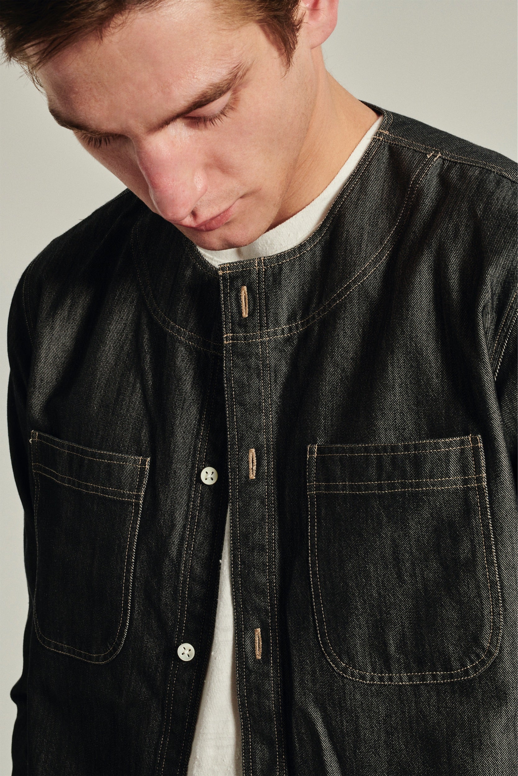 Collarless Carpenter Overshirt in a Washed Grey Indigo Italian Cotton Denim