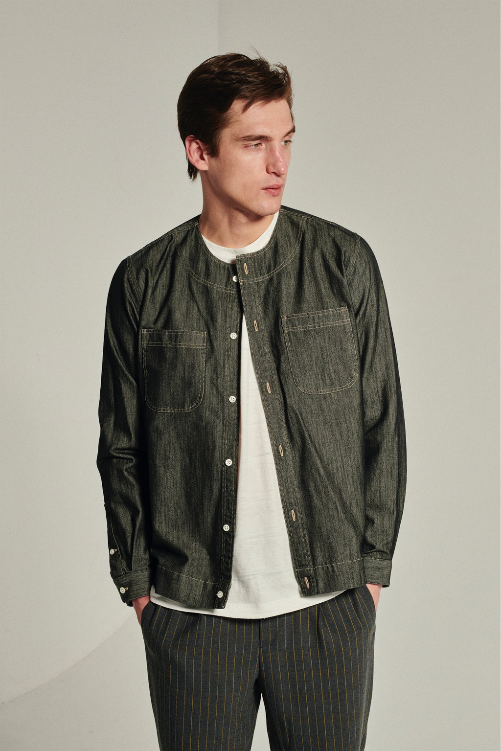 Collarless Carpenter Overshirt in a Washed Grey Indigo Italian Cotton Denim
