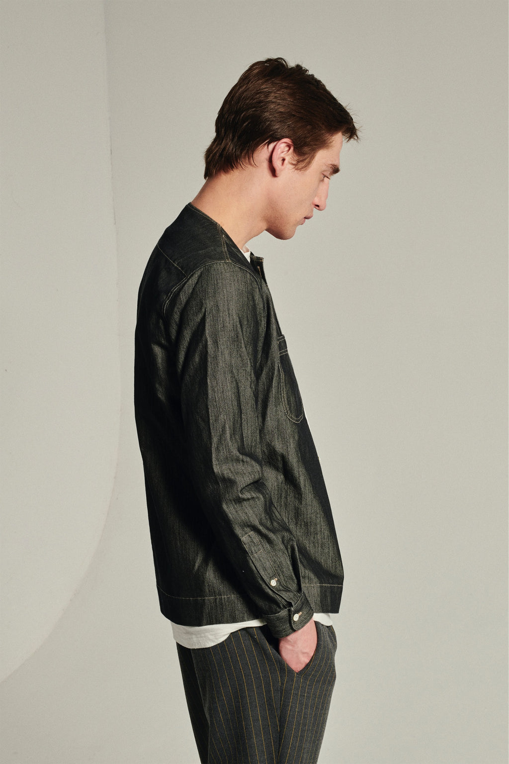 Collarless Carpenter Overshirt in a Washed Grey Indigo Italian Cotton Denim