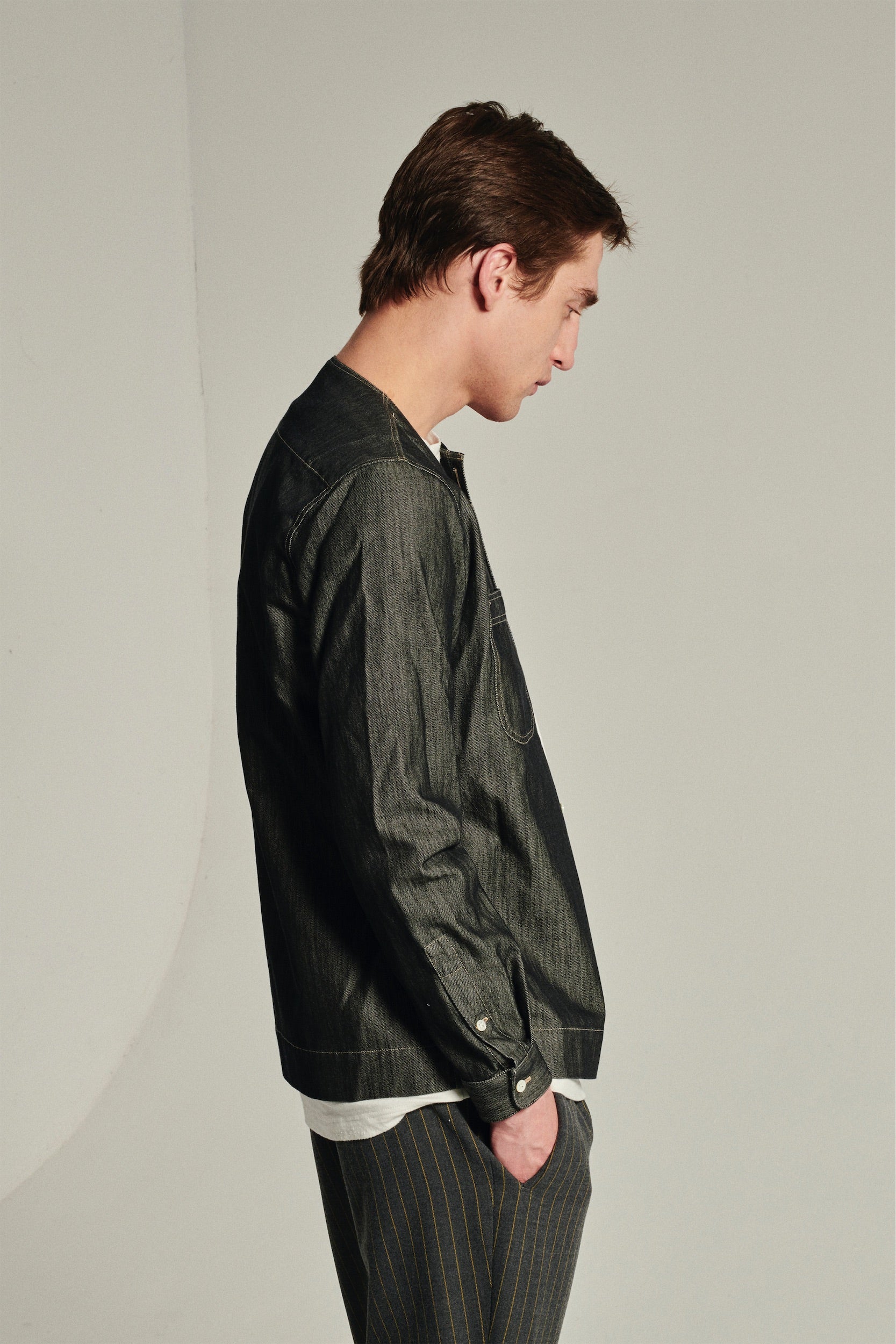Collarless Carpenter Overshirt in a Washed Grey Indigo Italian Cotton Denim