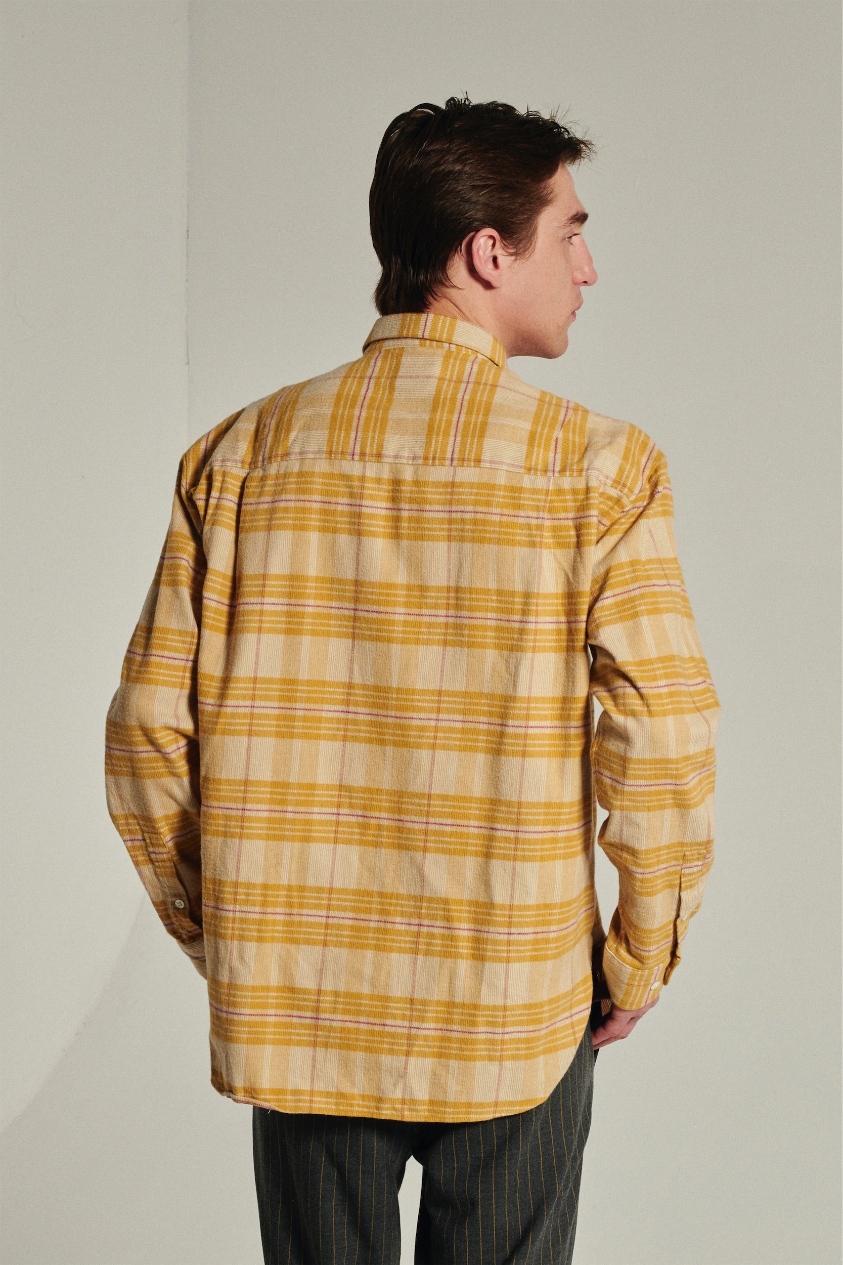 Oversized Rider Shirt in a Yellow Chequered Japanese Cotton Corduroy