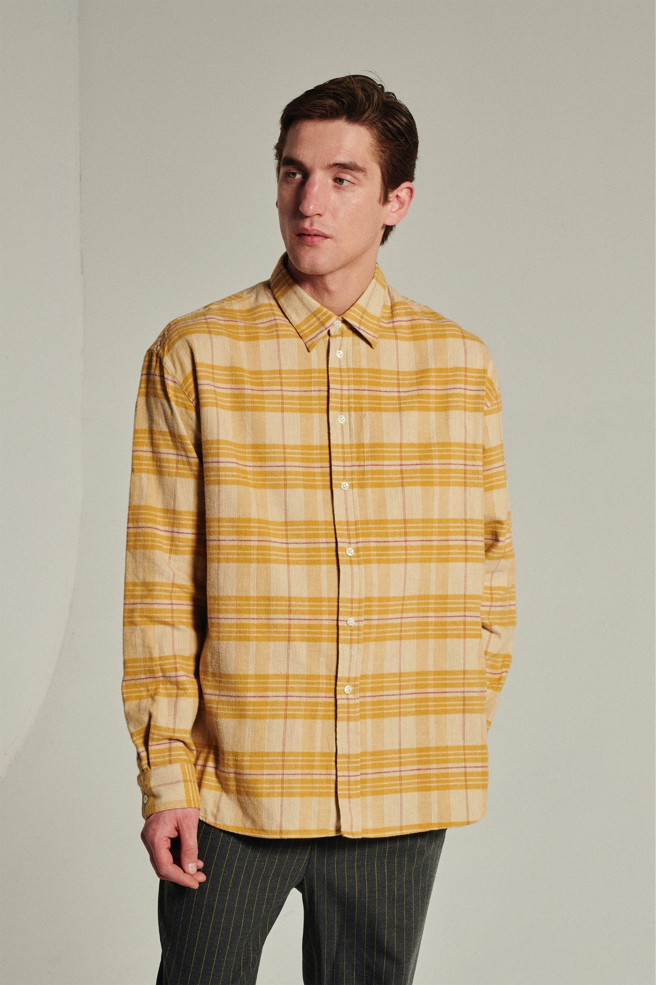 Oversized Rider Shirt in a Yellow Chequered Japanese Cotton Corduroy