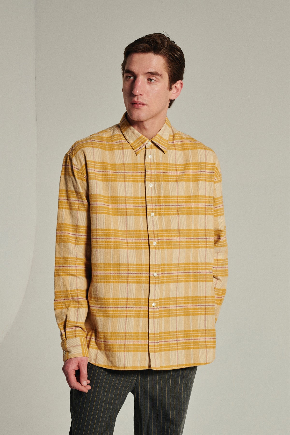 Oversized Delta Shirt in a Yellow Chequered Japanese Cotton Corduroy