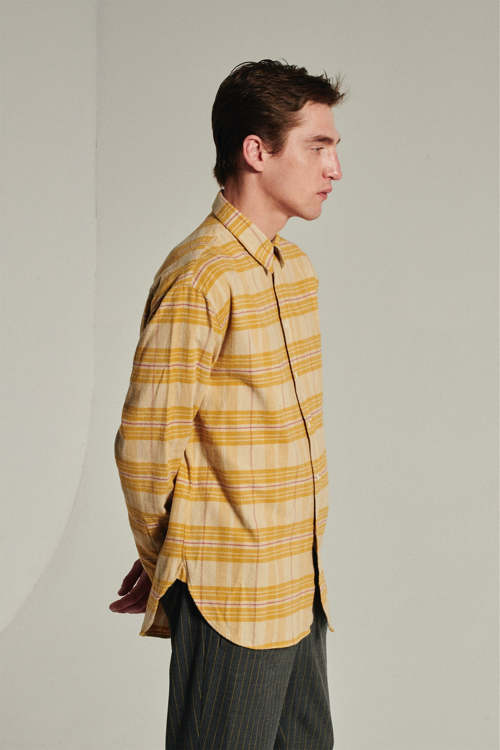 Oversized Rider Shirt in a Yellow Chequered Japanese Cotton Corduroy