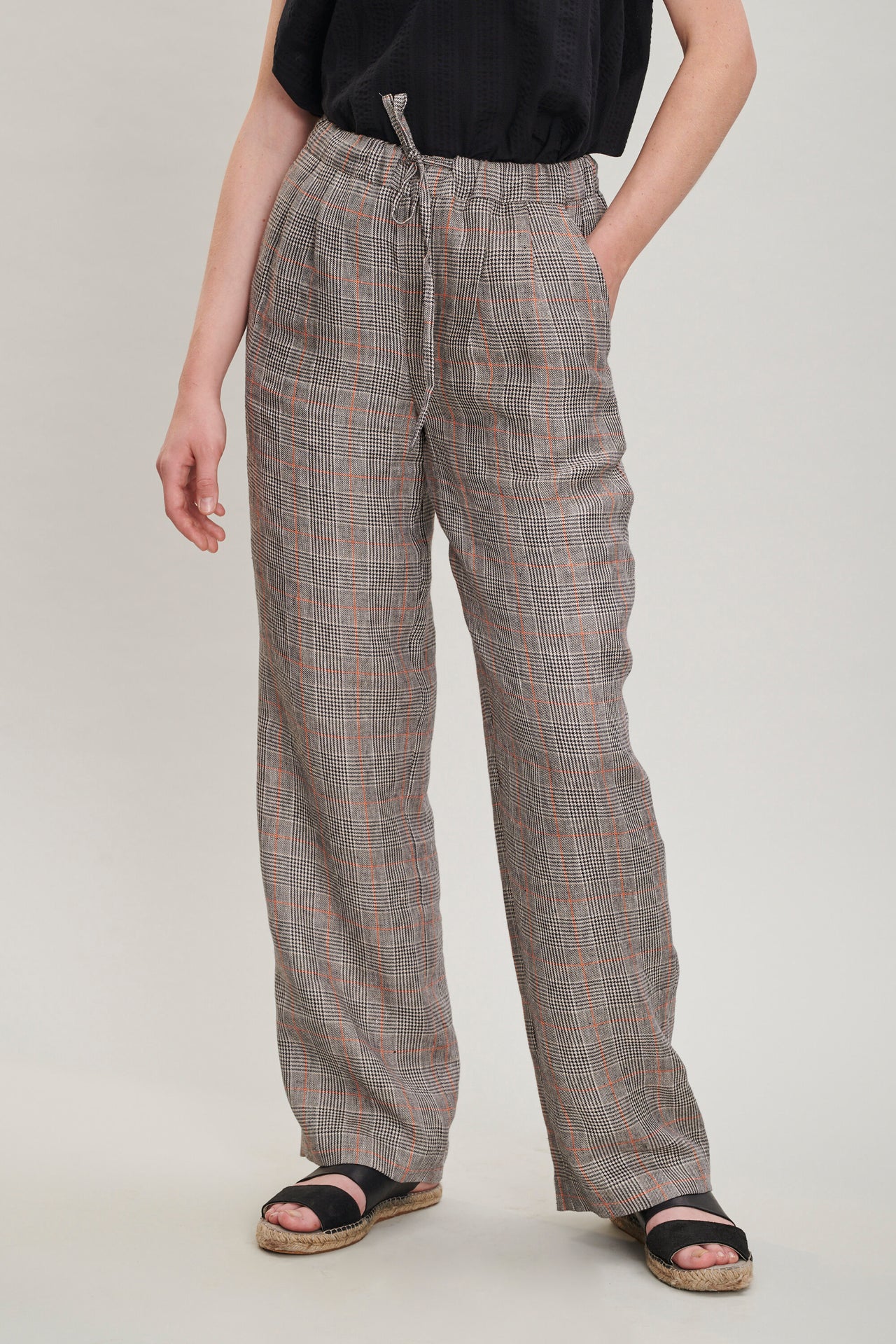 Women's Trousers in a Grey and Vibrant Orange Prince of Wales Italian Linen by Albini