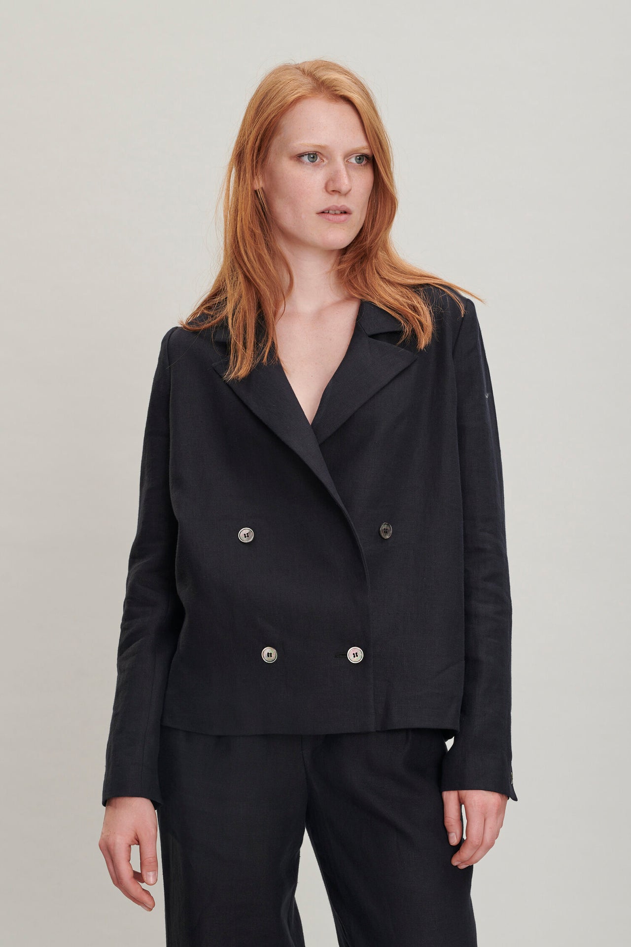 Relaxed Double Breasted Blazer in a Fine Black Lithuanian Linen