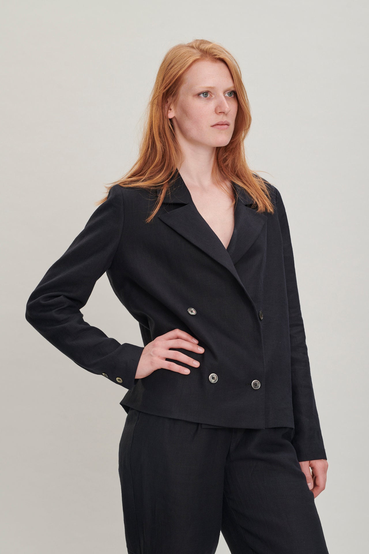 Relaxed Double Breasted Blazer in a Fine Black Lithuanian Linen