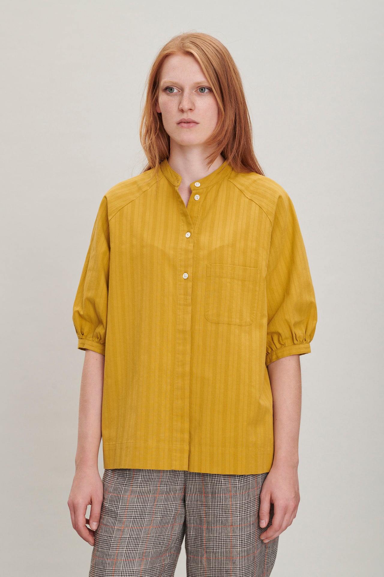 Short Sleeve Blouse in a Yellow Jacquard Striped Fine Japanese Cotton