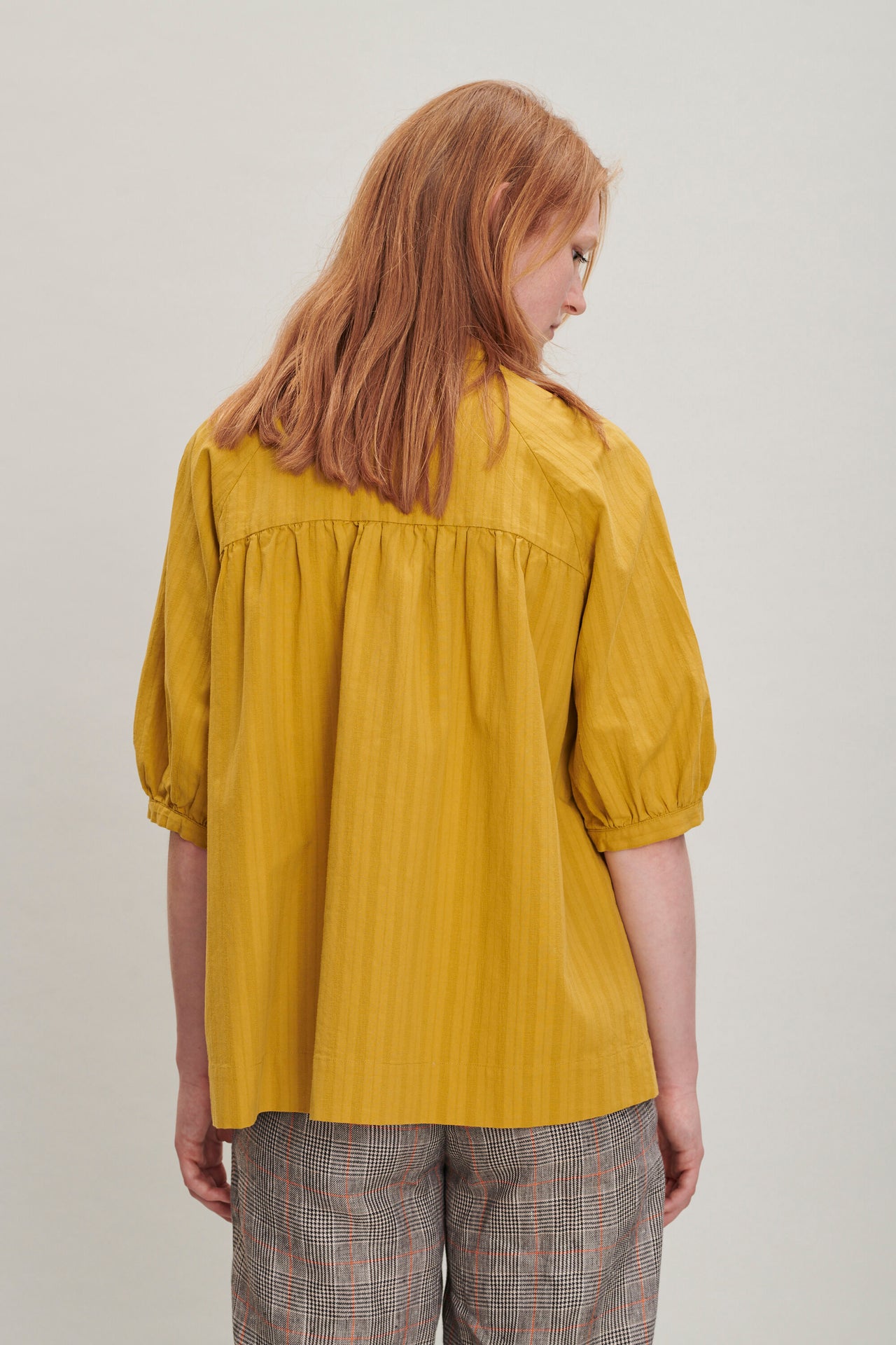 Short Sleeve Blouse in a Yellow Jacquard Striped Fine Japanese Cotton