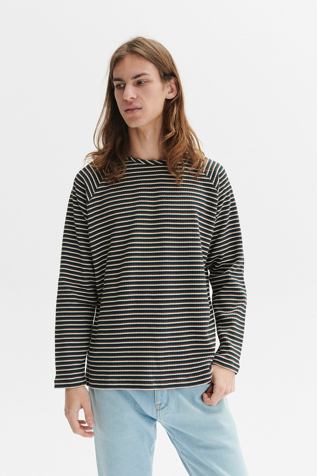 Long Sleeve Sweatshirt in a Navy, Brown and Cream Beige White Finest  Rib Knit Japanese Cotton