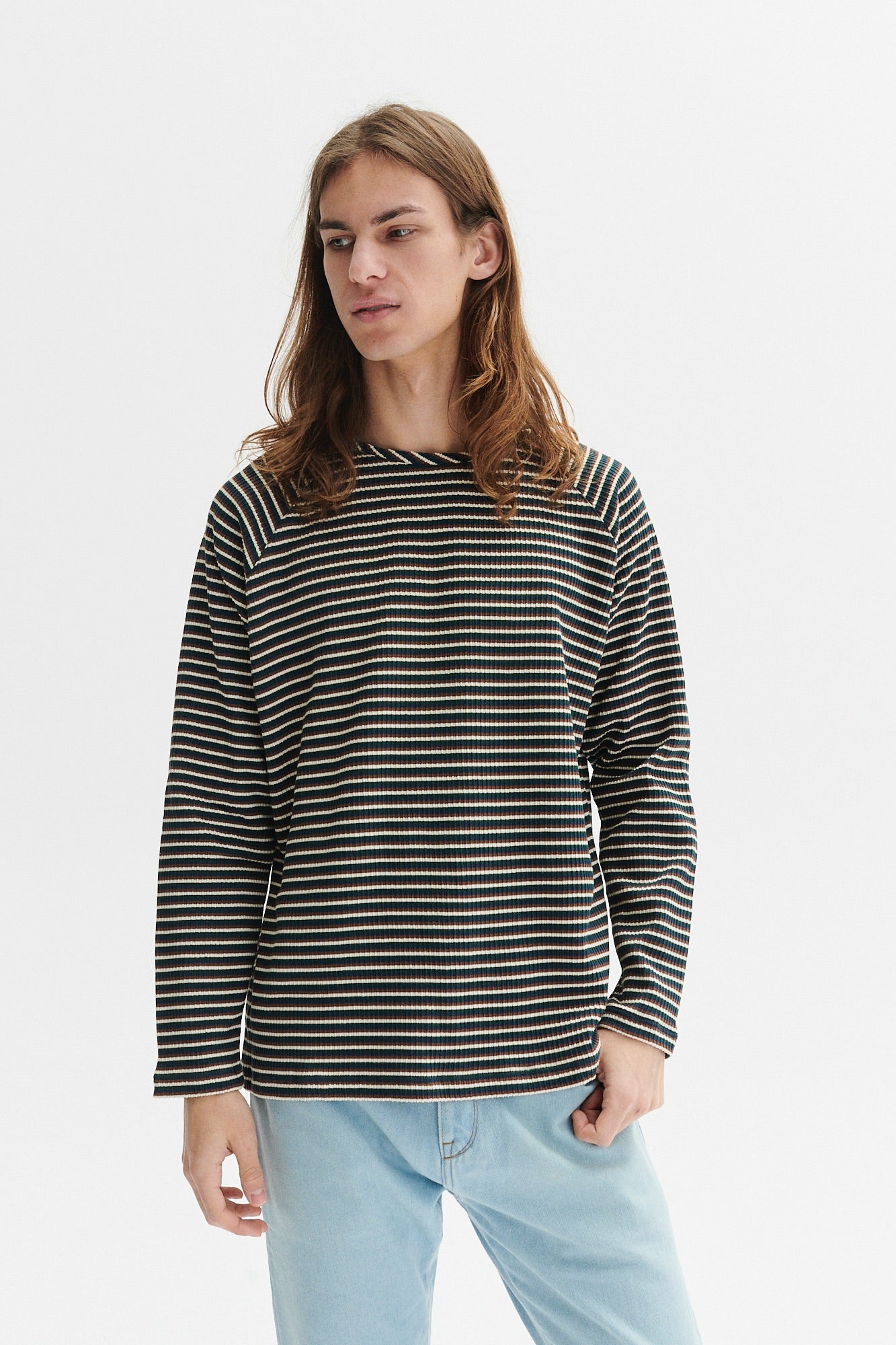 Long Sleeve Sweatshirt in a Navy, Brown and Cream Beige White Finest  Rib Knit Japanese Cotton