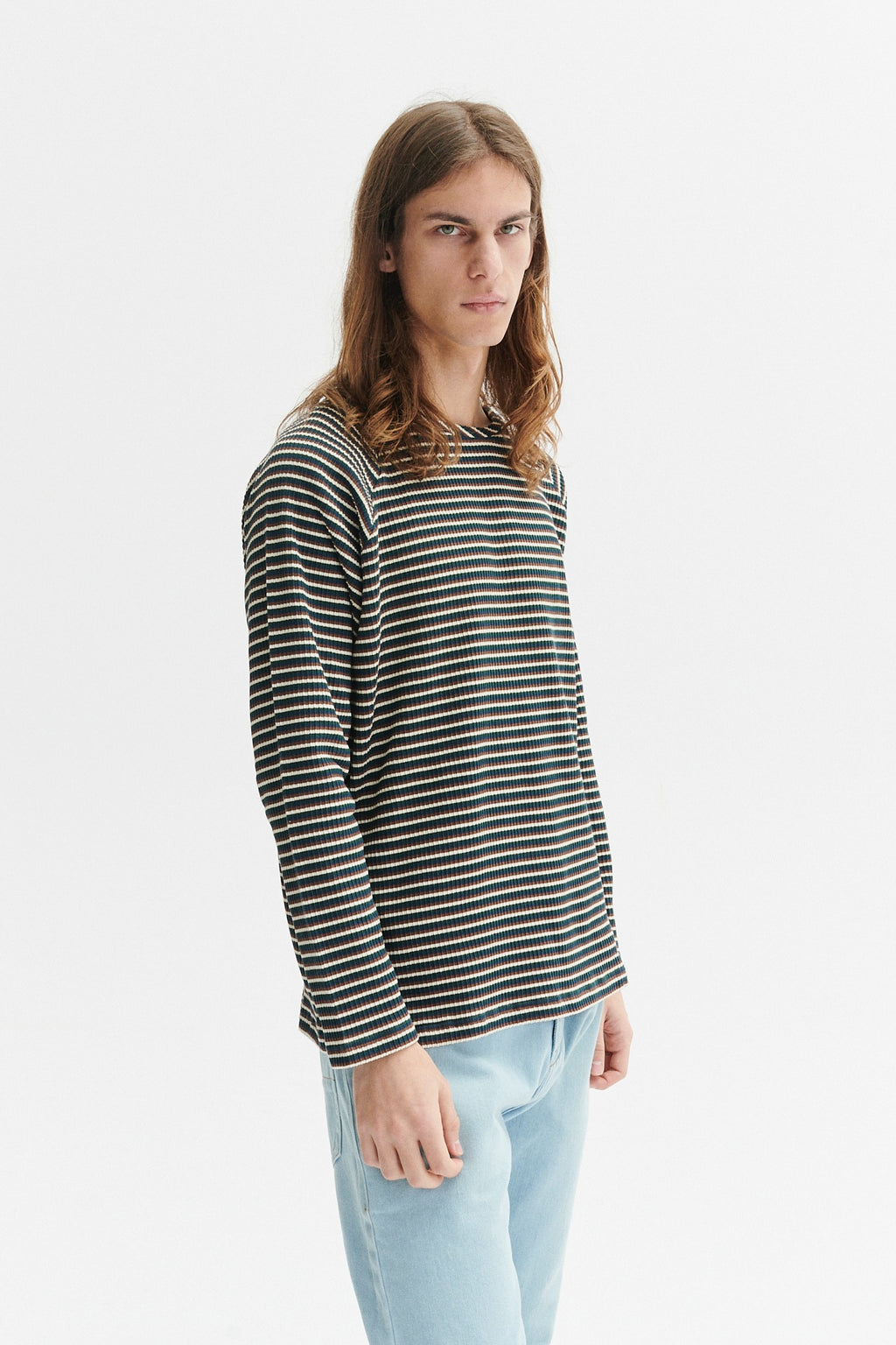 Long Sleeve Sweatshirt in a Navy, Brown and Cream Beige White Finest  Rib Knit Japanese Cotton