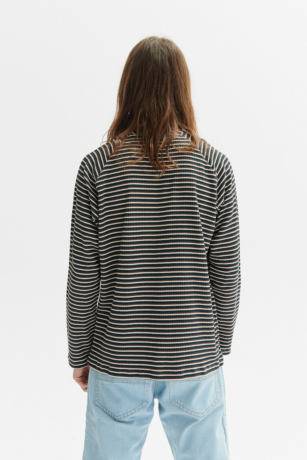 Long Sleeve Sweatshirt in a Navy, Brown and Cream Beige White Finest  Rib Knit Japanese Cotton