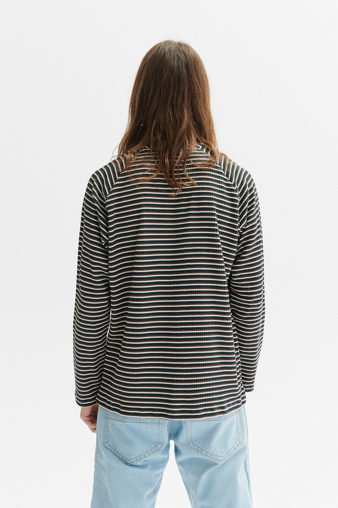 Long Sleeve Sweatshirt in a Navy, Brown and Cream Beige White Finest  Rib Knit Japanese Cotton