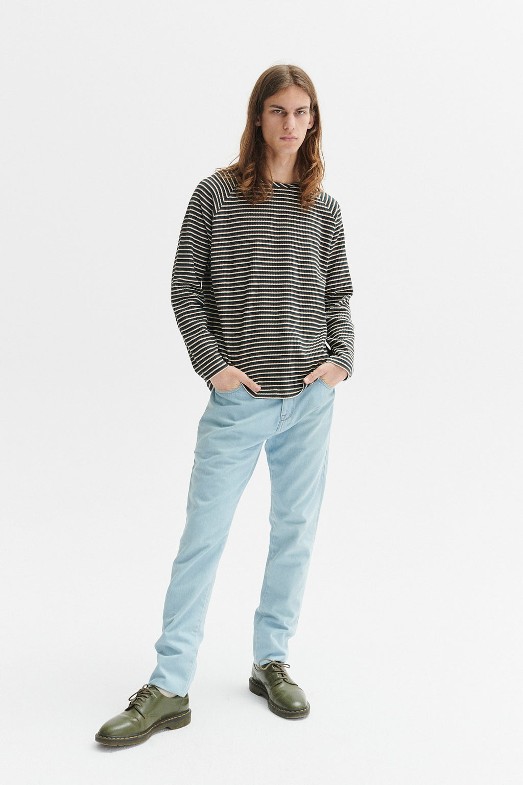 Long Sleeve Sweatshirt in a Navy, Brown and Cream Beige White Finest  Rib Knit Japanese Cotton