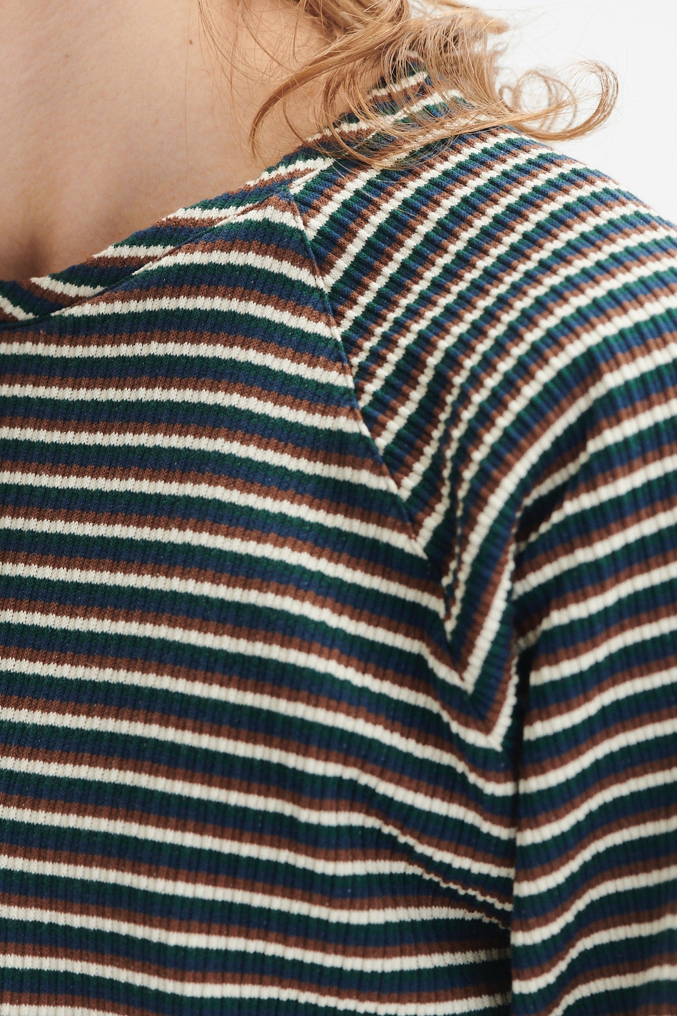 Long Sleeve Sweatshirt in a Navy, Brown and Cream Beige White Finest  Rib Knit Japanese Cotton