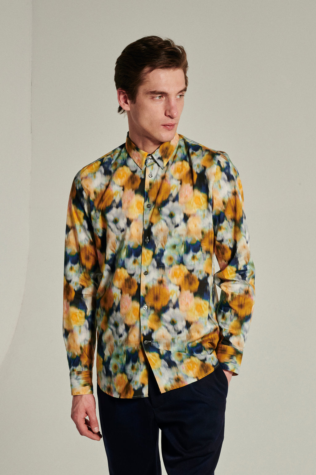 Feel Good Shirt in a Yellow, Ochre, Dark Blue Liberty Italian Cotton