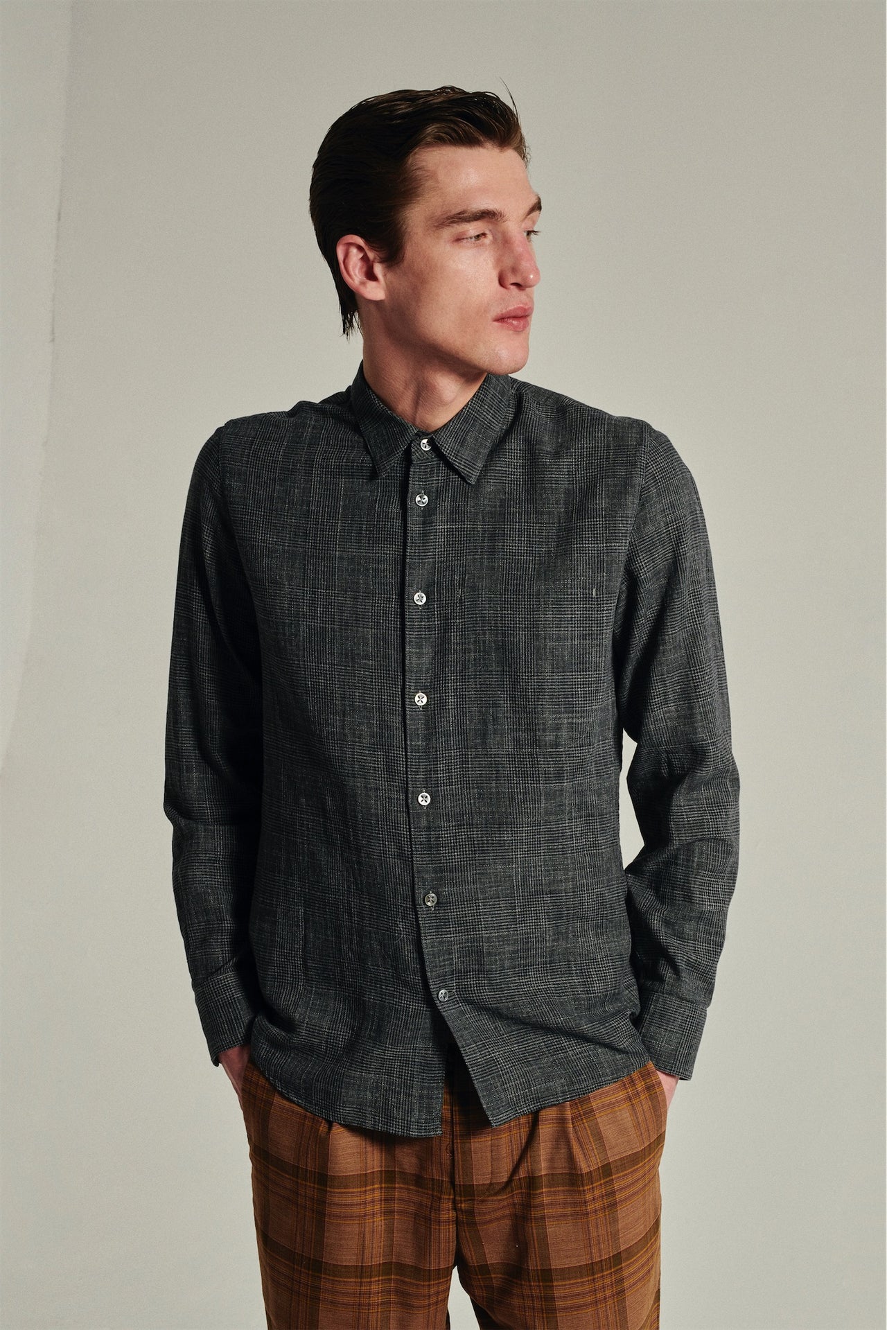 Feel Good Shirt in a Dark Grey Prince of Wales Fine Italian Cotton - Last Restock