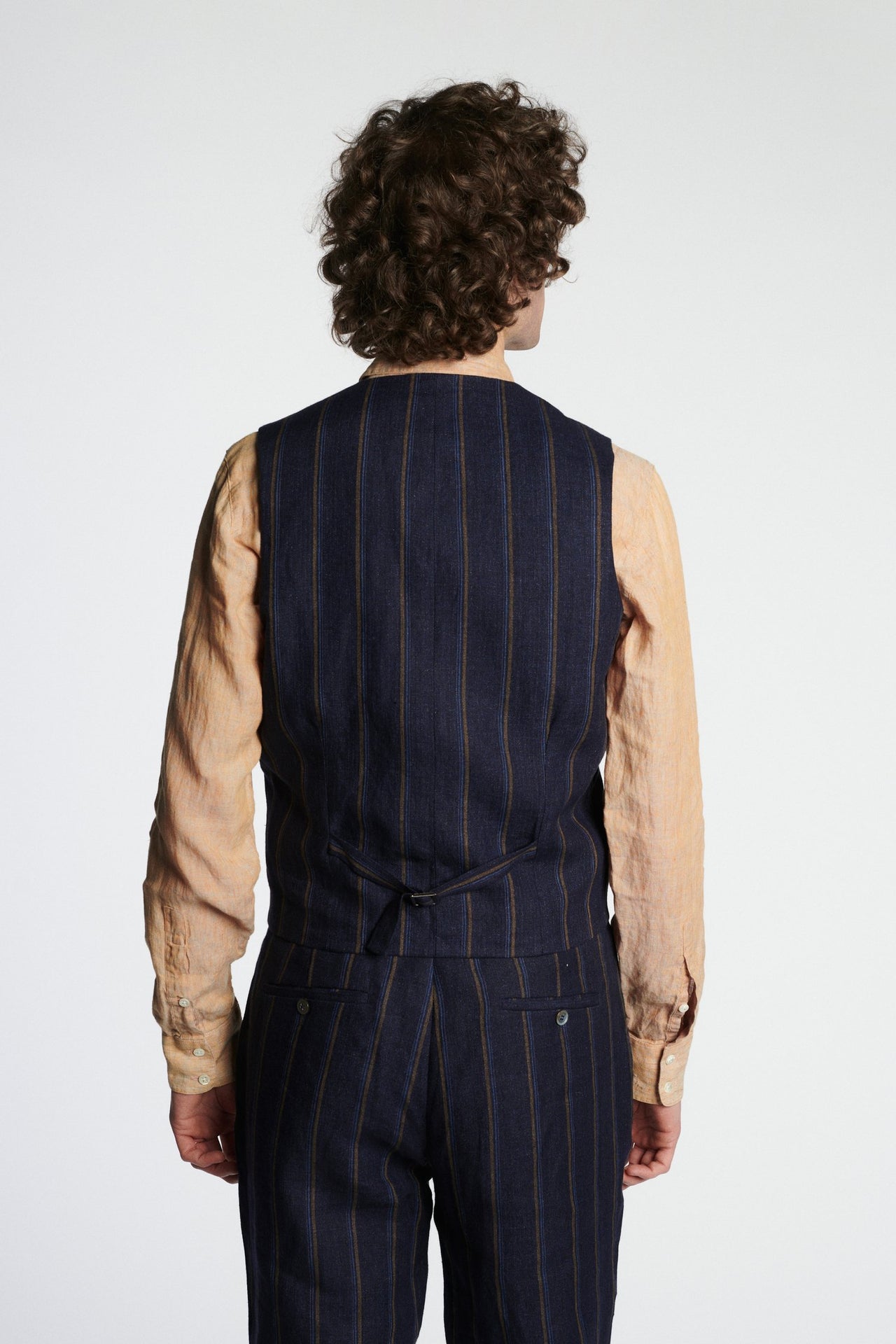 Vest in a Navy with Tonal Brown Blue Stripe Italian Linen