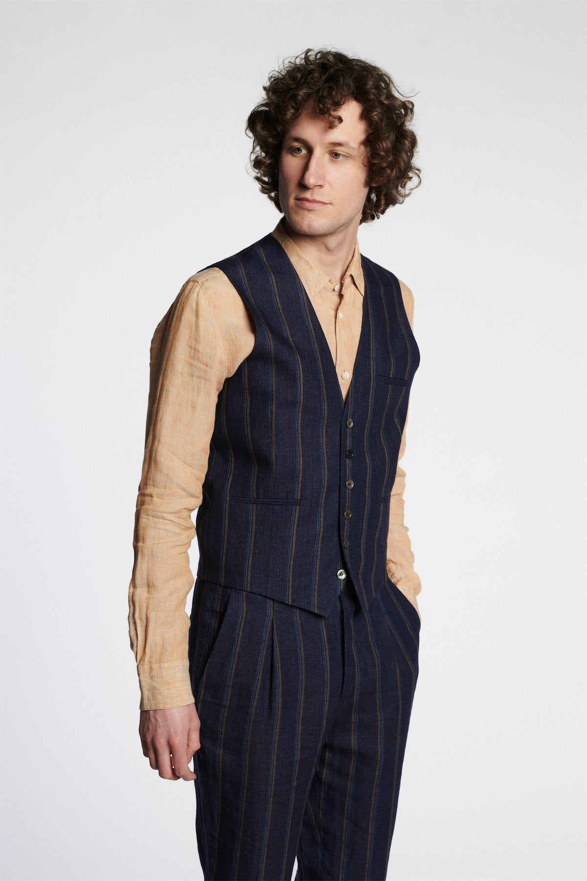 Vest in a Navy with Tonal Brown Blue Stripe Italian Linen