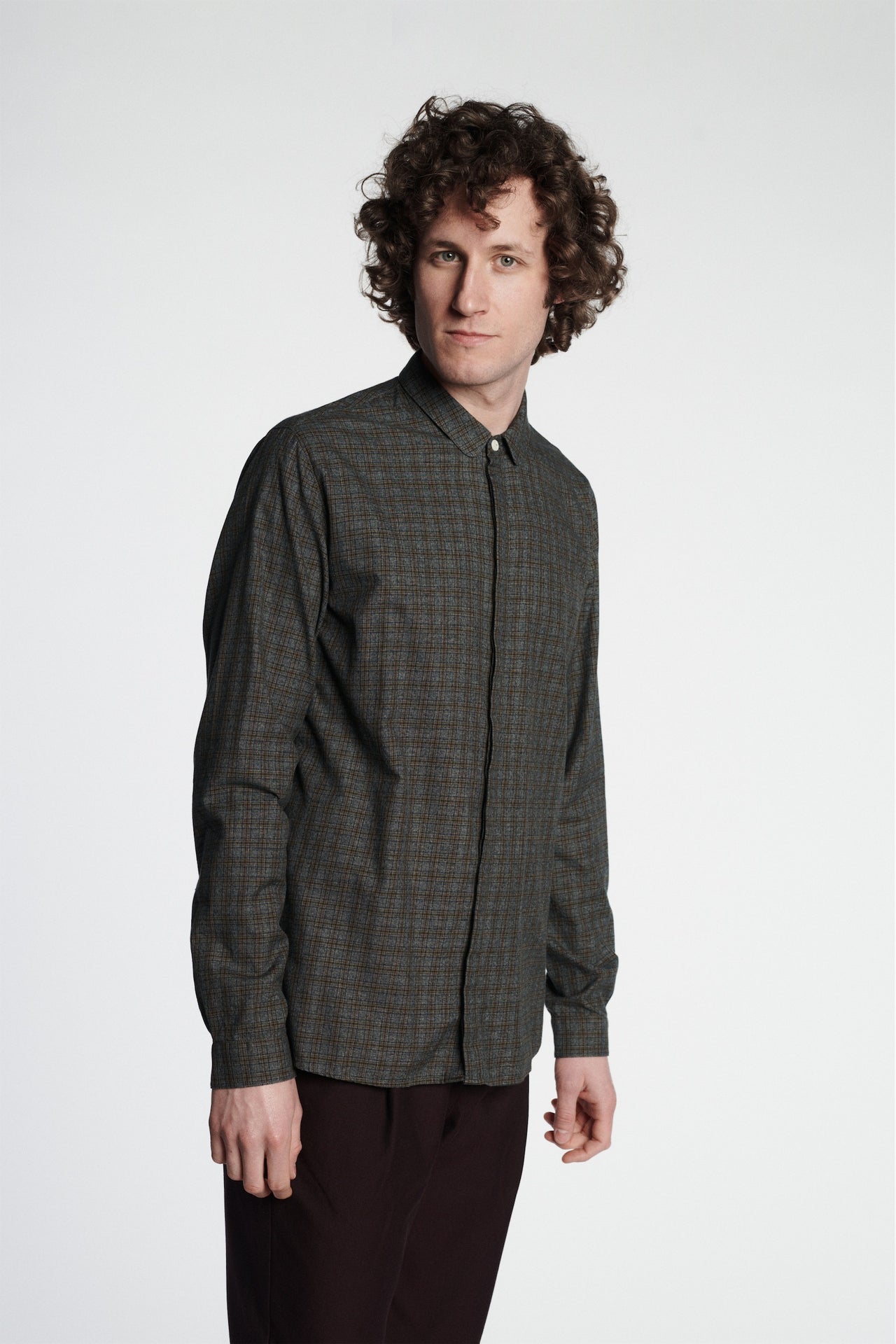 Cute Shirt in a Fine Chequered Dark Grey and Moss Green Double Twisted Italian Cotton